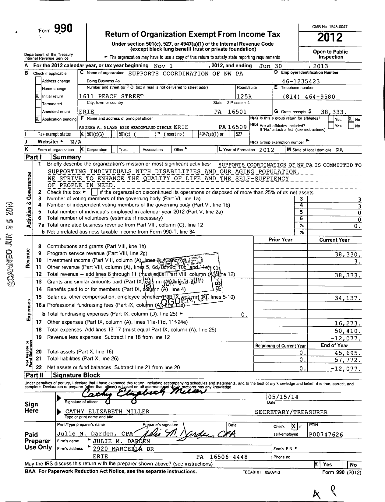 Image of first page of 2012 Form 990 for Supports Coordination of NW PA