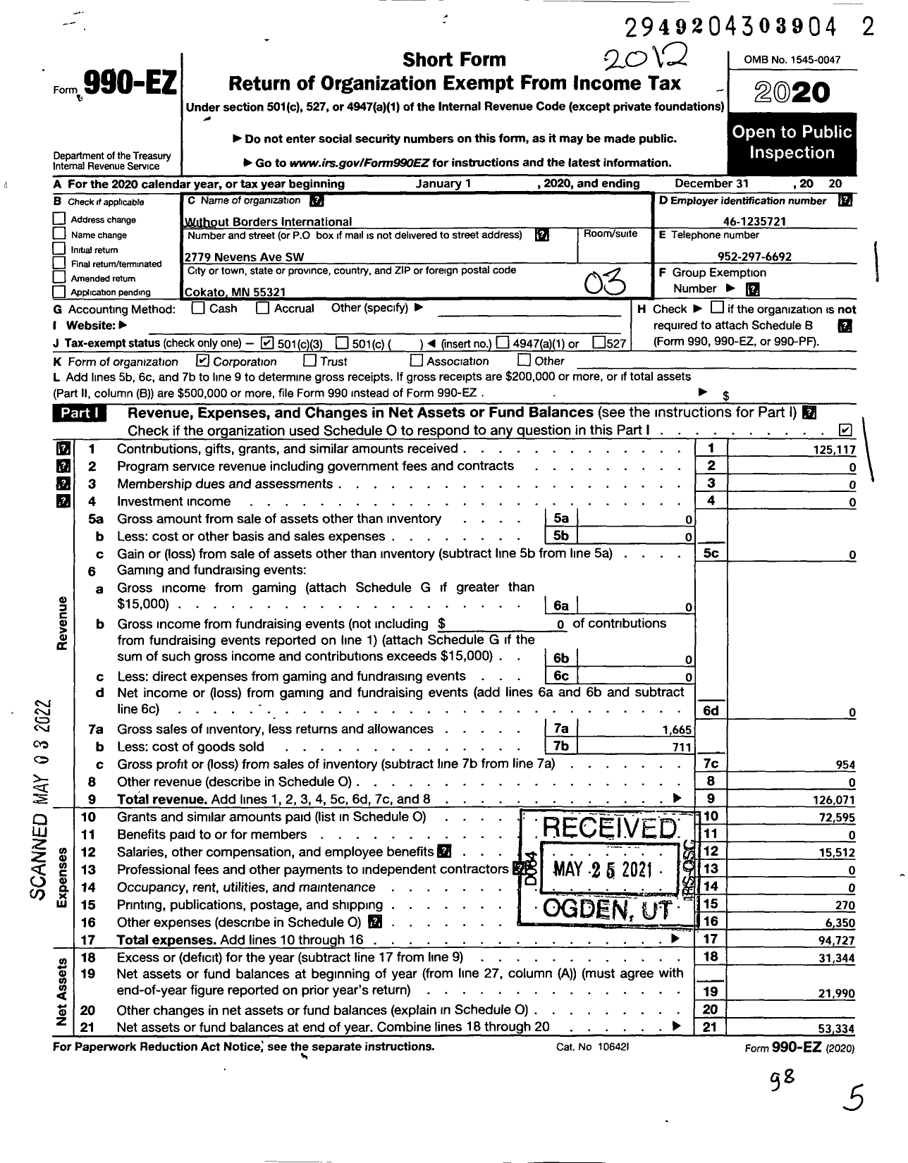 Image of first page of 2020 Form 990EZ for Without Borders International