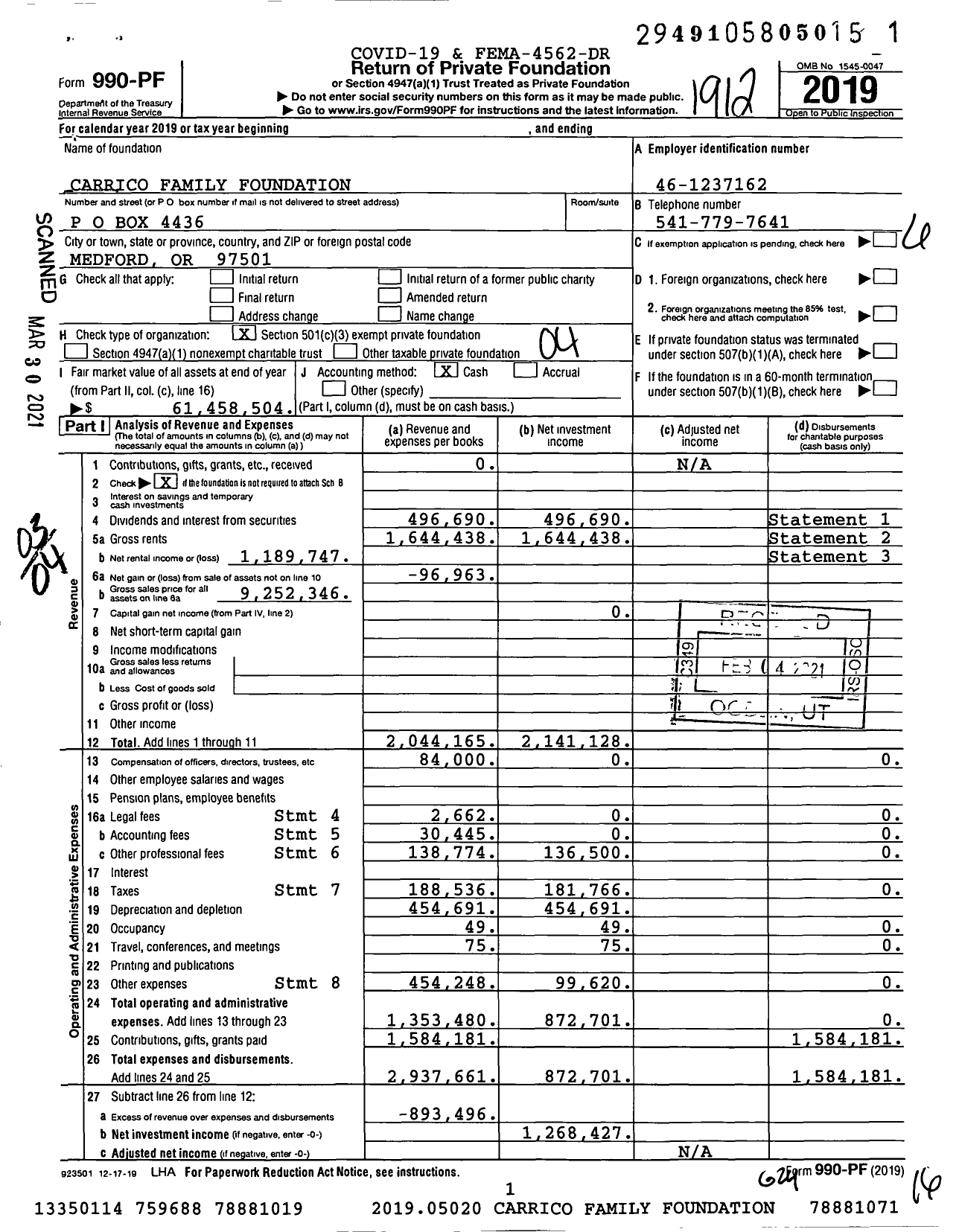 Image of first page of 2019 Form 990PF for Carrico Family Foundation