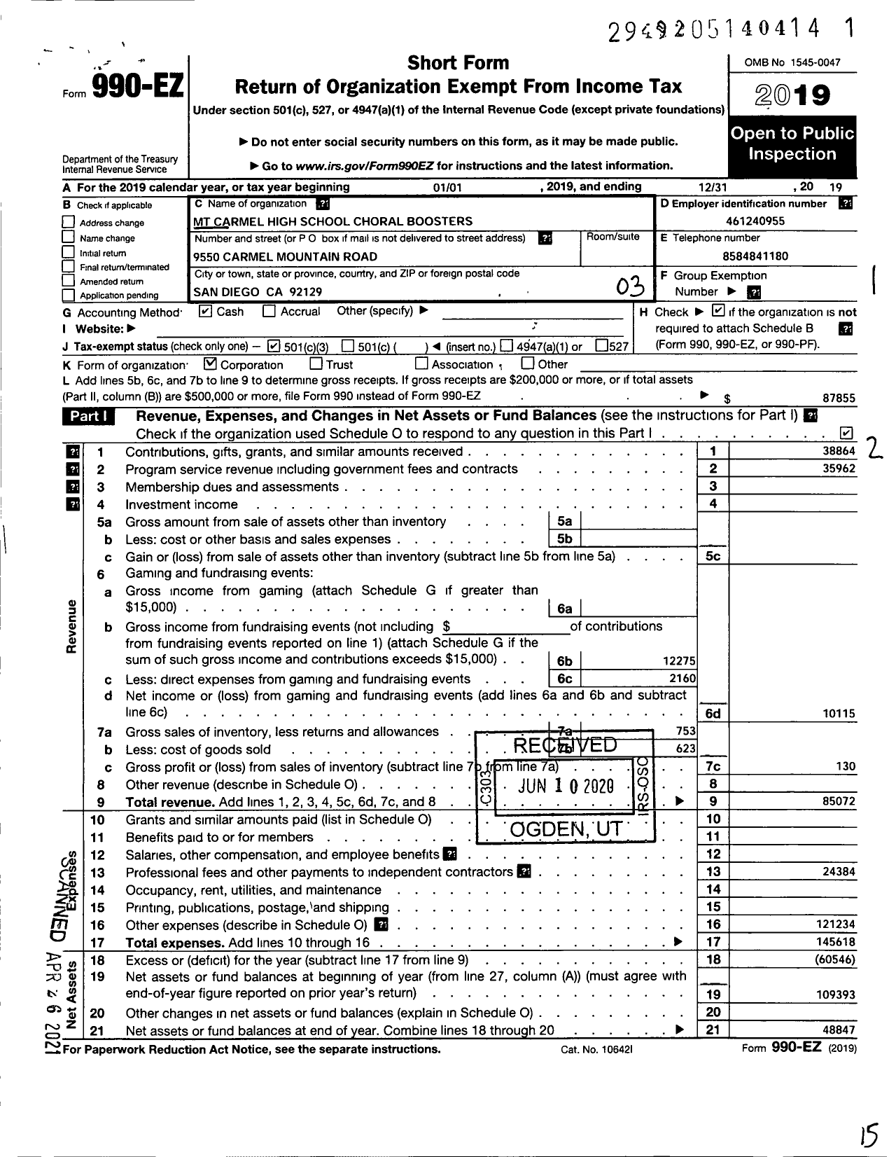 Image of first page of 2019 Form 990EZ for MT Carmel High School Choral Boosters