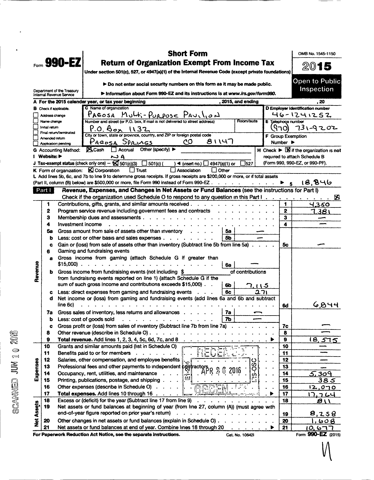 Image of first page of 2015 Form 990EZ for Pagosa Multi-Purpose Pavilion