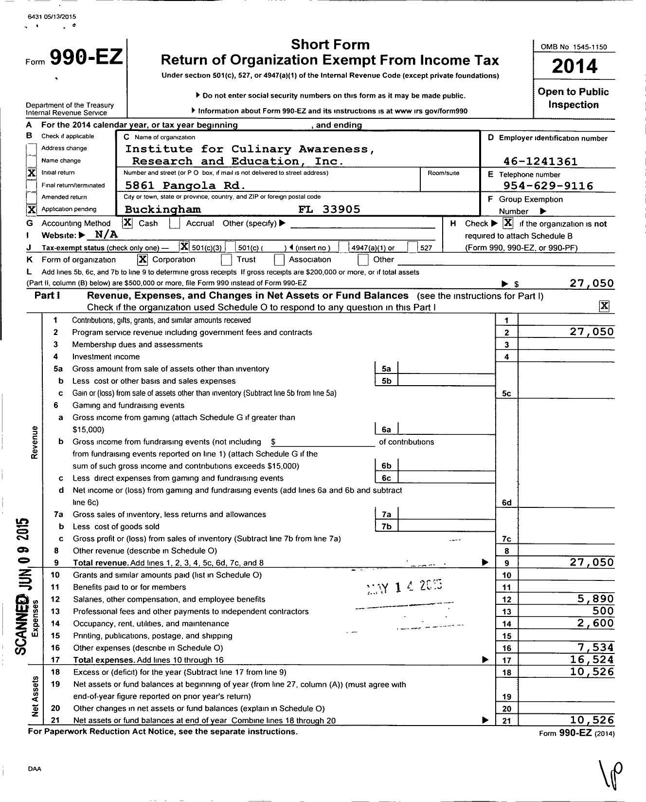 Image of first page of 2014 Form 990EZ for Institute for Culinary Awareness Research and Education I