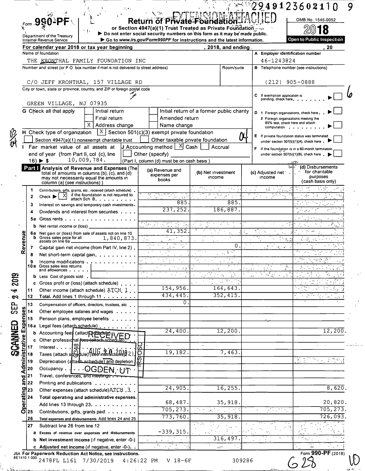 Image of first page of 2018 Form 990PF for Kronthal Family Foundation