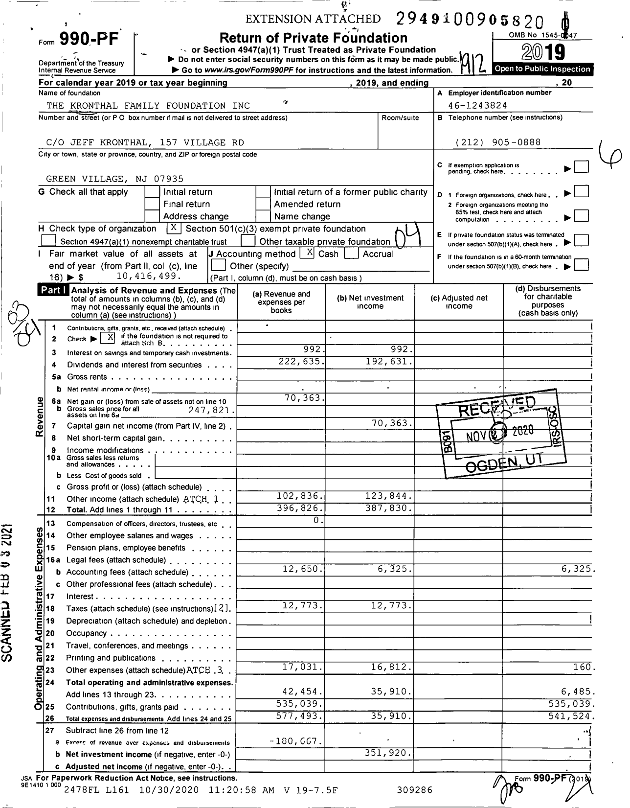 Image of first page of 2019 Form 990PF for Kronthal Family Foundation