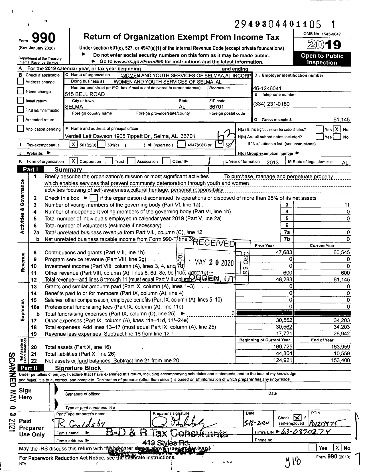 Image of first page of 2019 Form 990 for Women and Youth Services of Selma Alabama