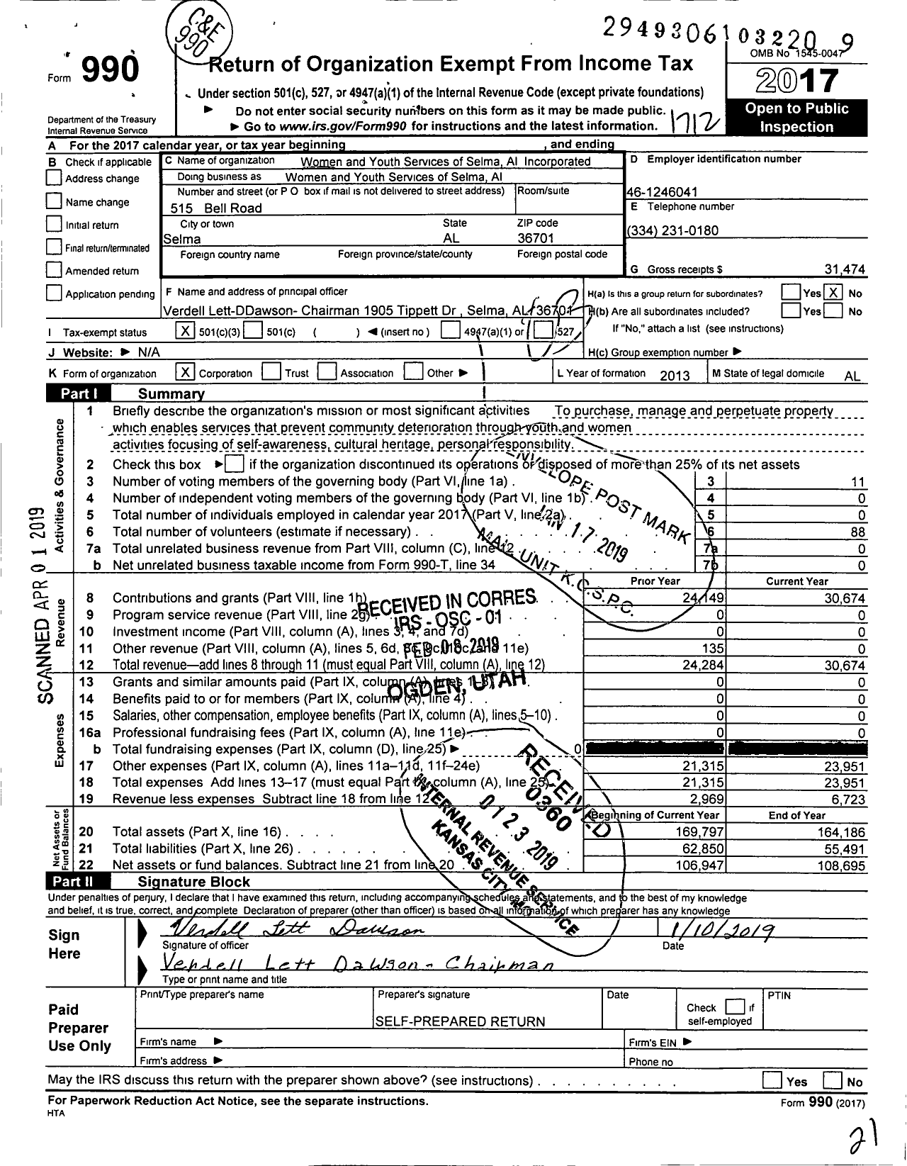 Image of first page of 2017 Form 990 for Women and Youth Services of Selma Alabama