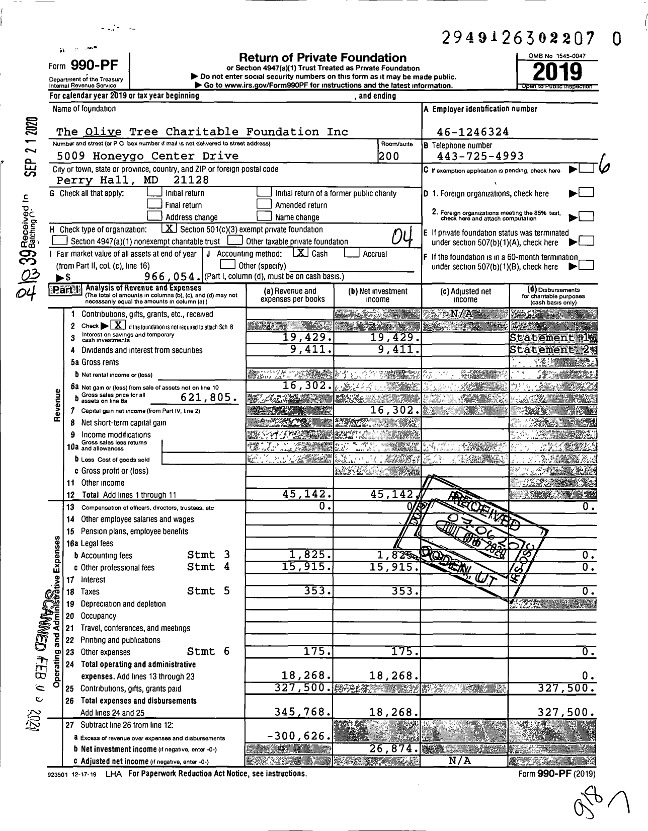 Image of first page of 2019 Form 990PF for The Olive Tree Charitable Foundation