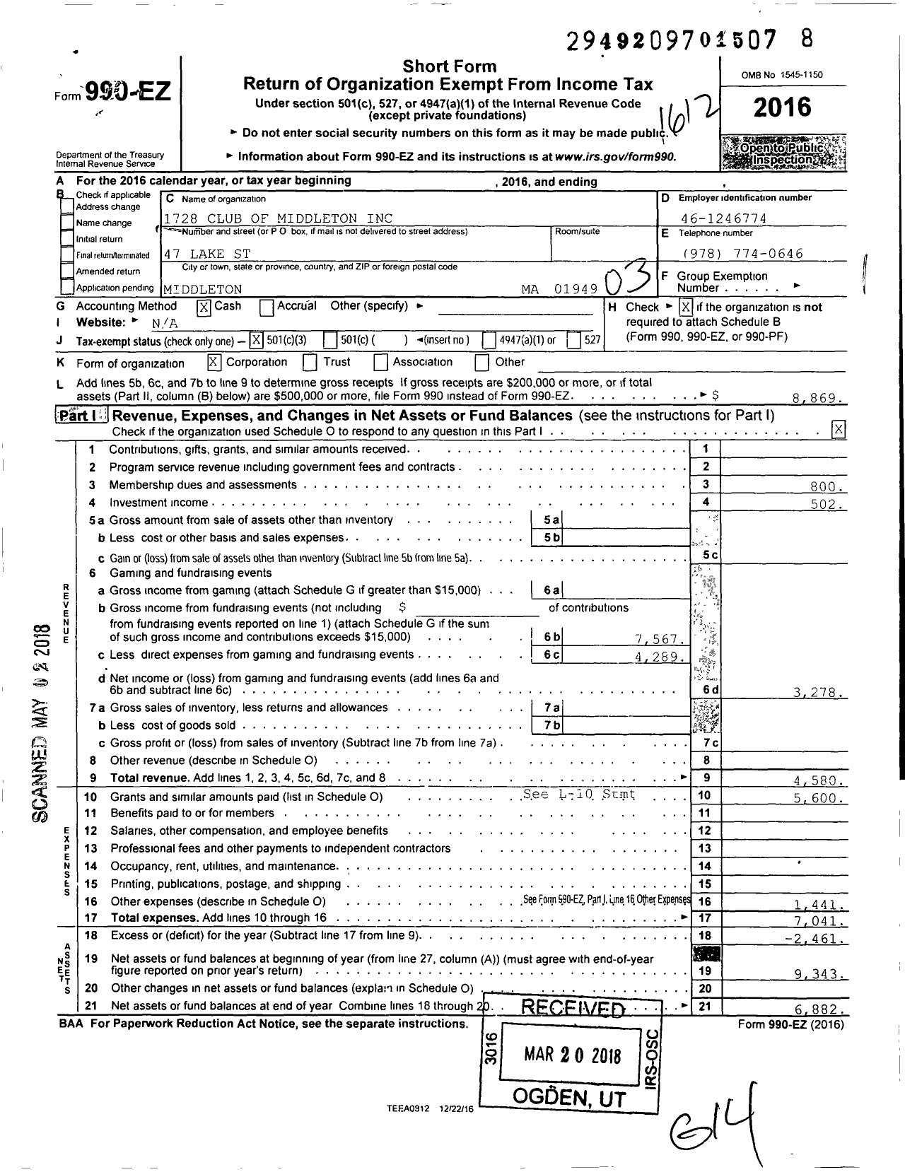 Image of first page of 2016 Form 990EZ for 1728 Club of Middleton