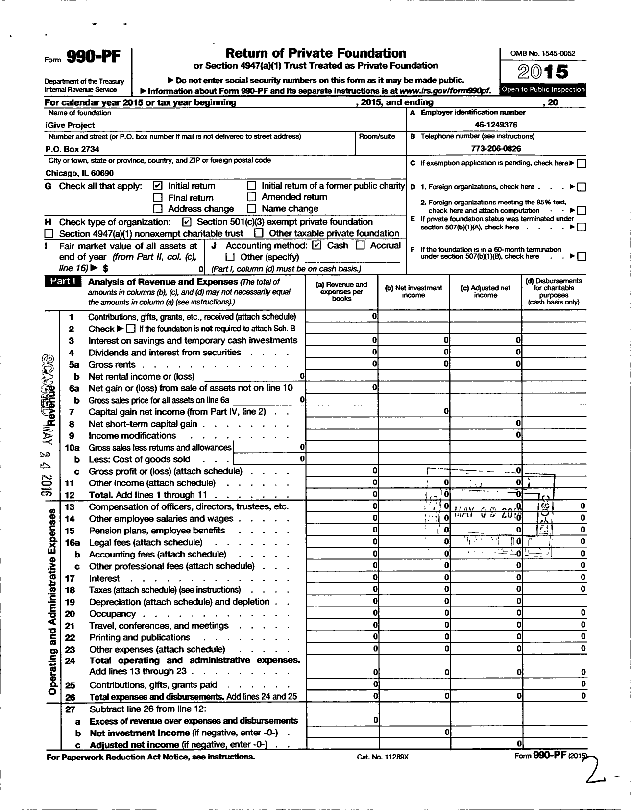 Image of first page of 2015 Form 990PF for Give Project