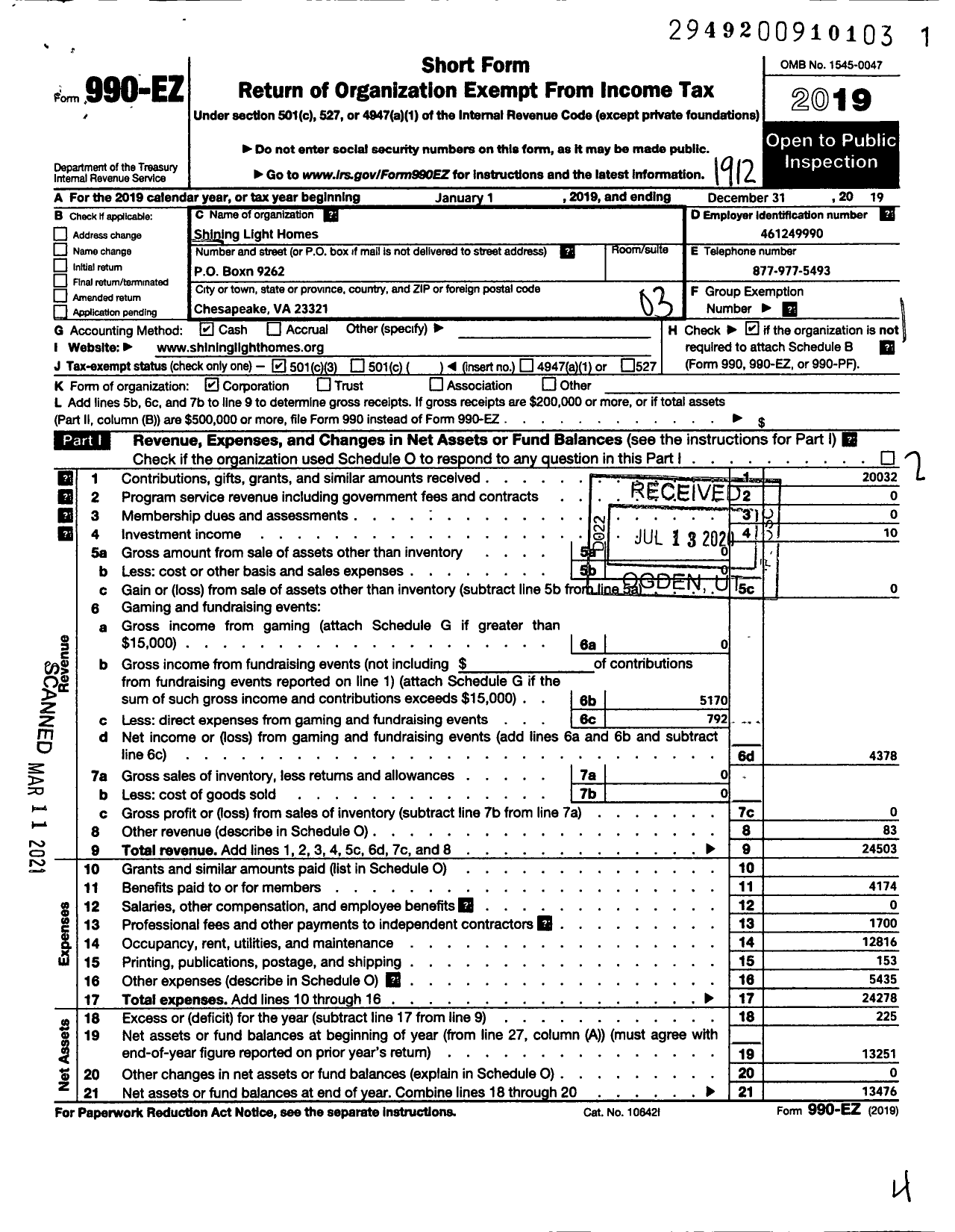 Image of first page of 2019 Form 990EZ for Shining Light Homes