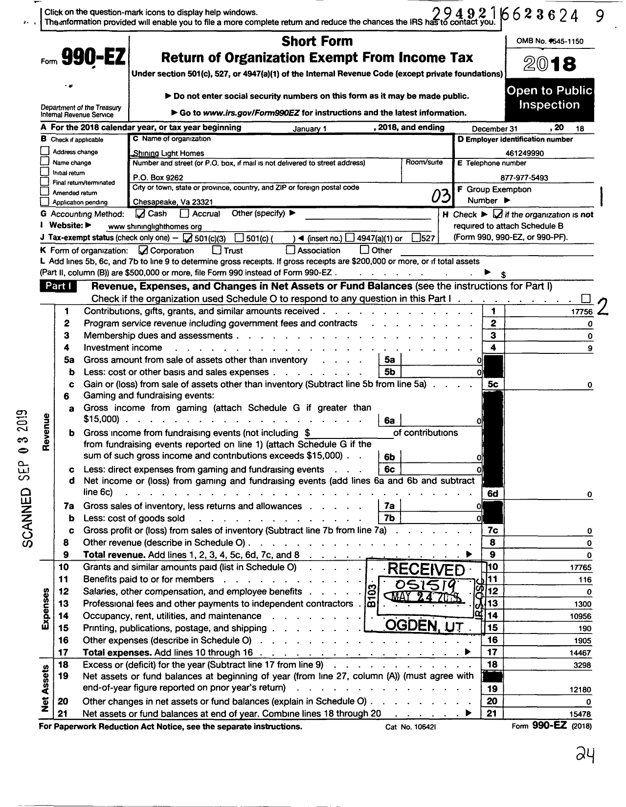 Image of first page of 2018 Form 990EZ for Shining Light Homes