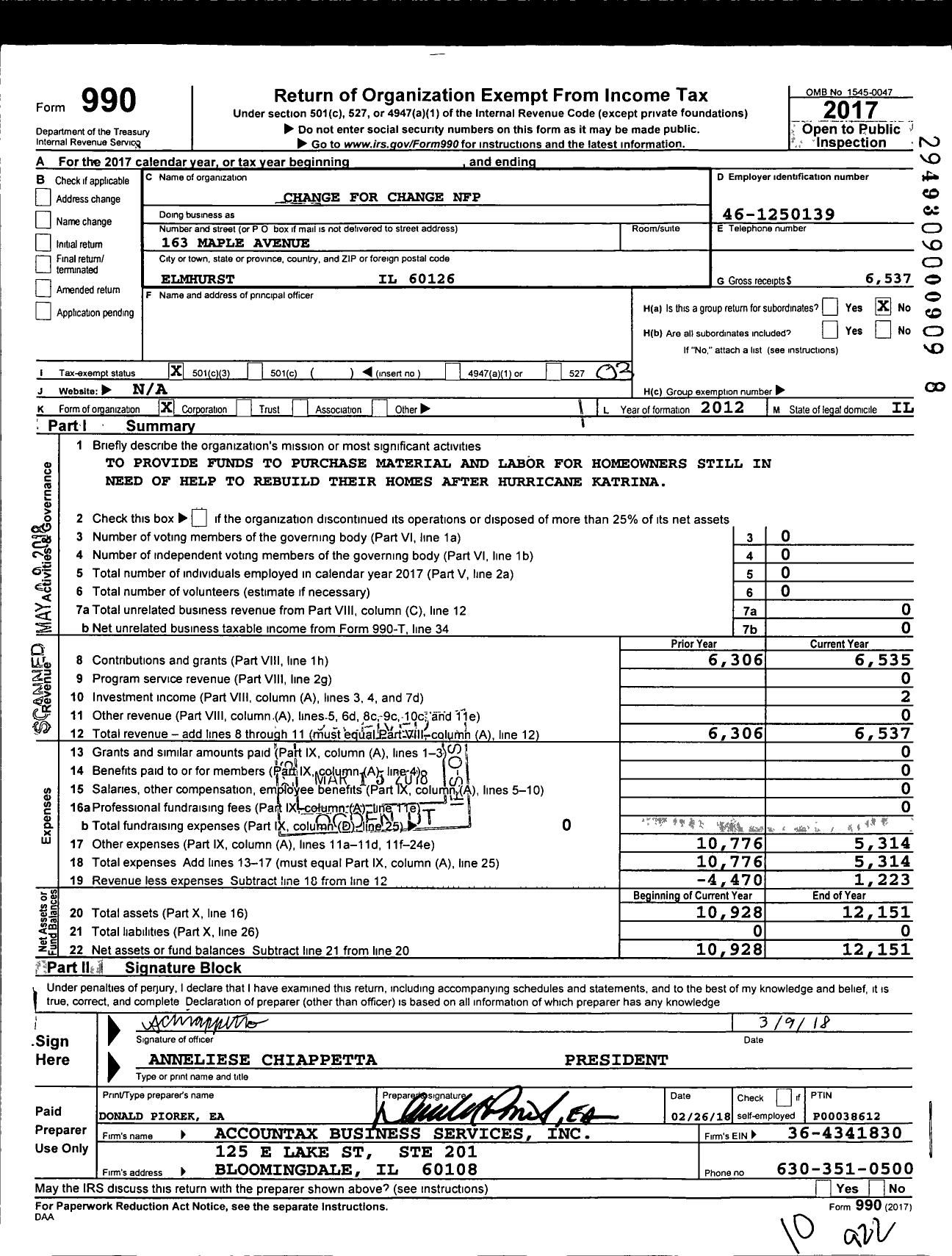 Image of first page of 2017 Form 990 for Change for Change NFP