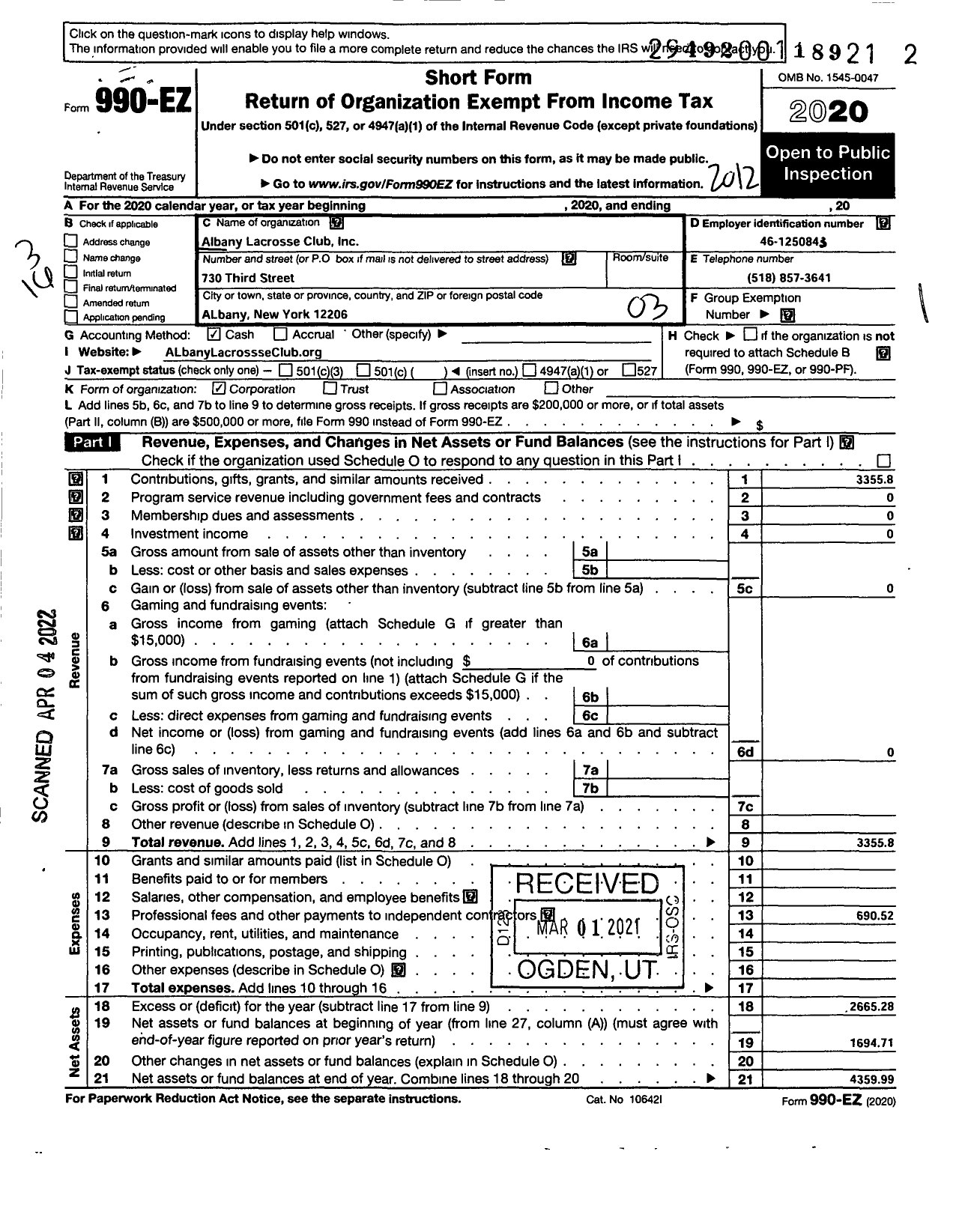 Image of first page of 2020 Form 990EZ for Albany Lacrosse Club Incorporated