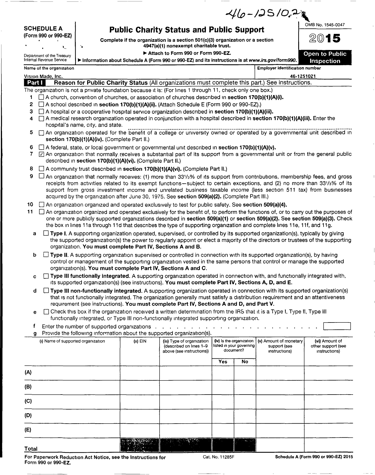 Image of first page of 2015 Form 990ER for Vision Made