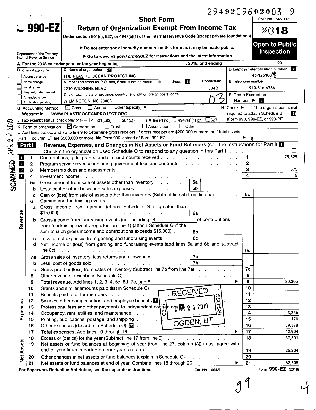 Image of first page of 2018 Form 990EZ for The Plastic Ocean Project