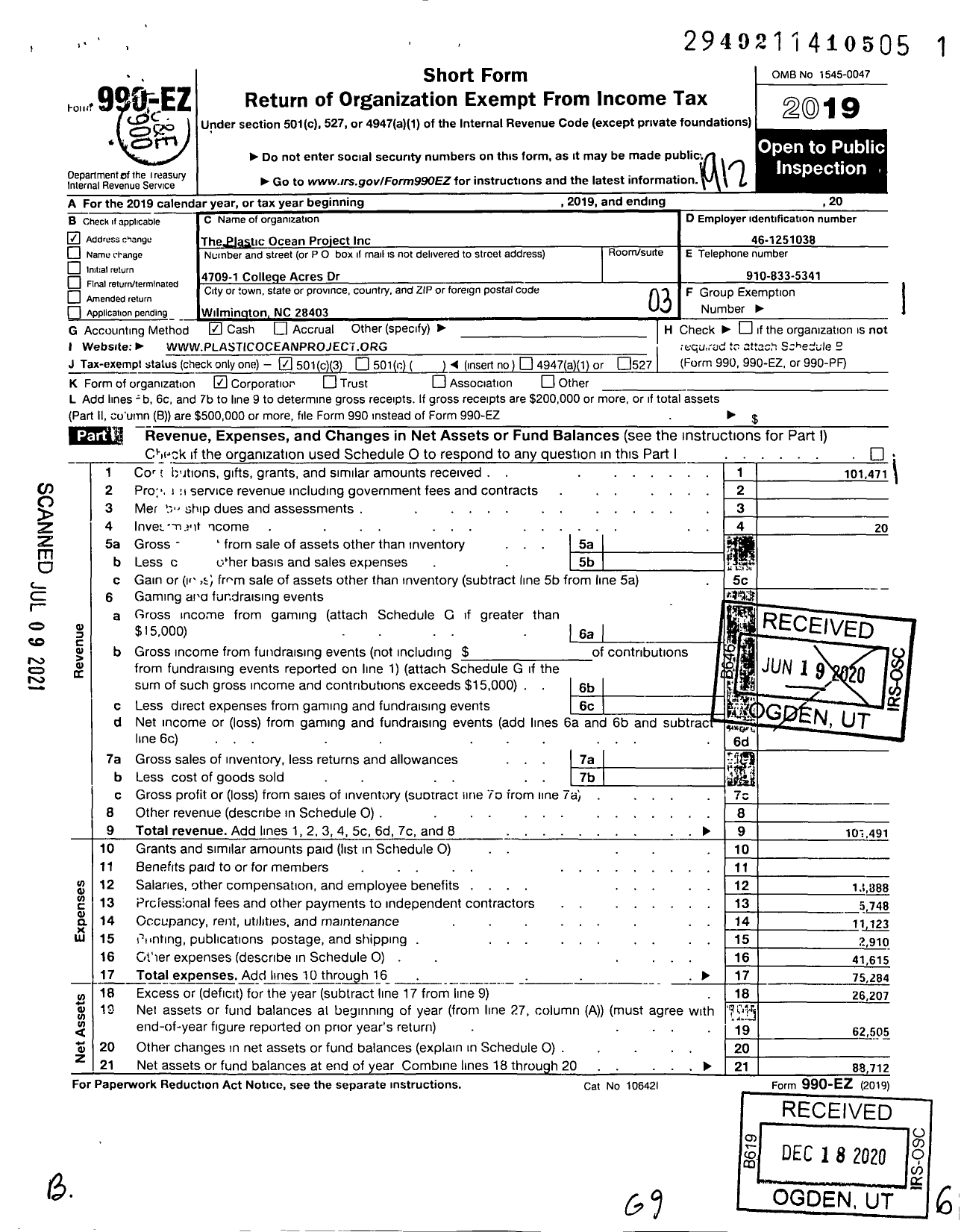 Image of first page of 2019 Form 990EZ for The Plastic Ocean Project