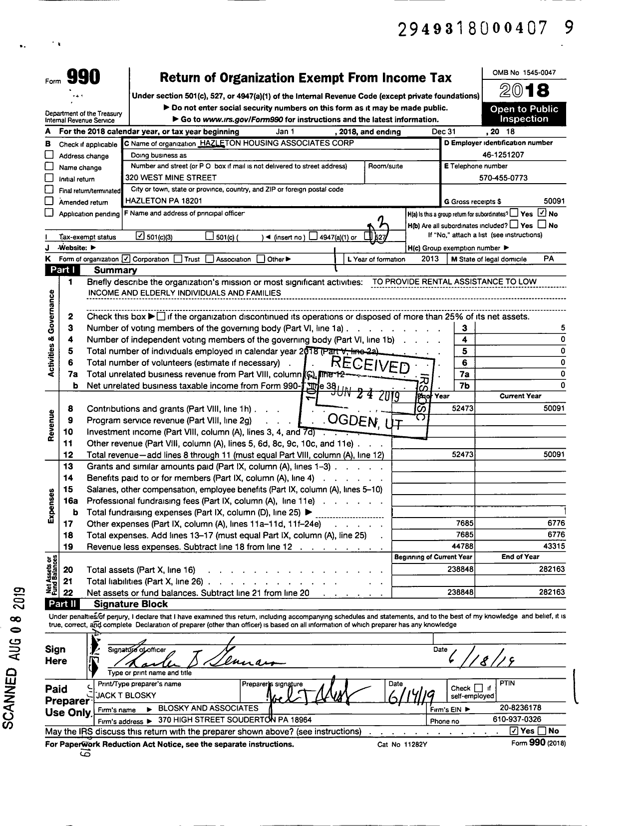 Image of first page of 2018 Form 990 for Hazleton Housing Associates Corporation