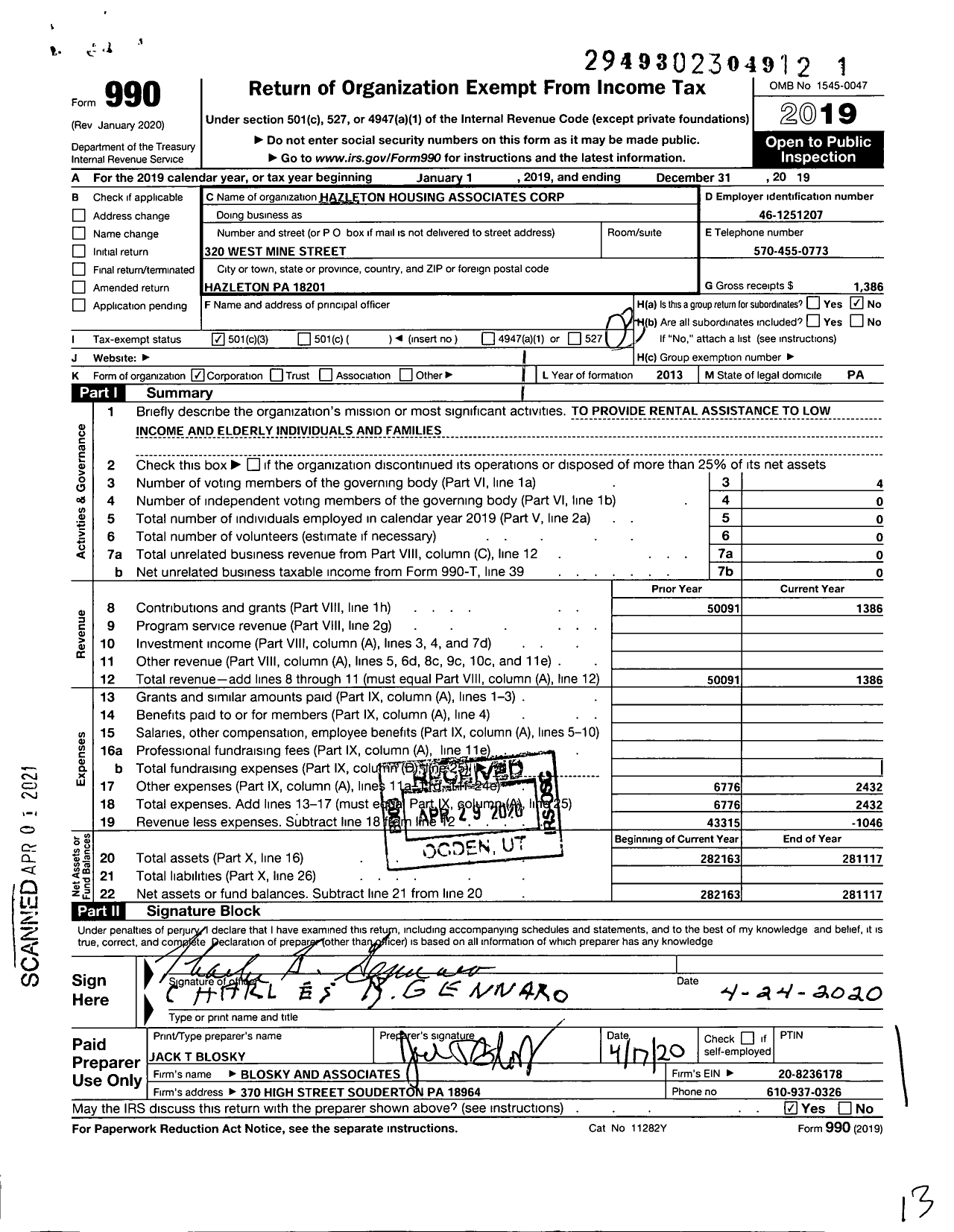 Image of first page of 2019 Form 990 for Hazleton Housing Associates Corporation