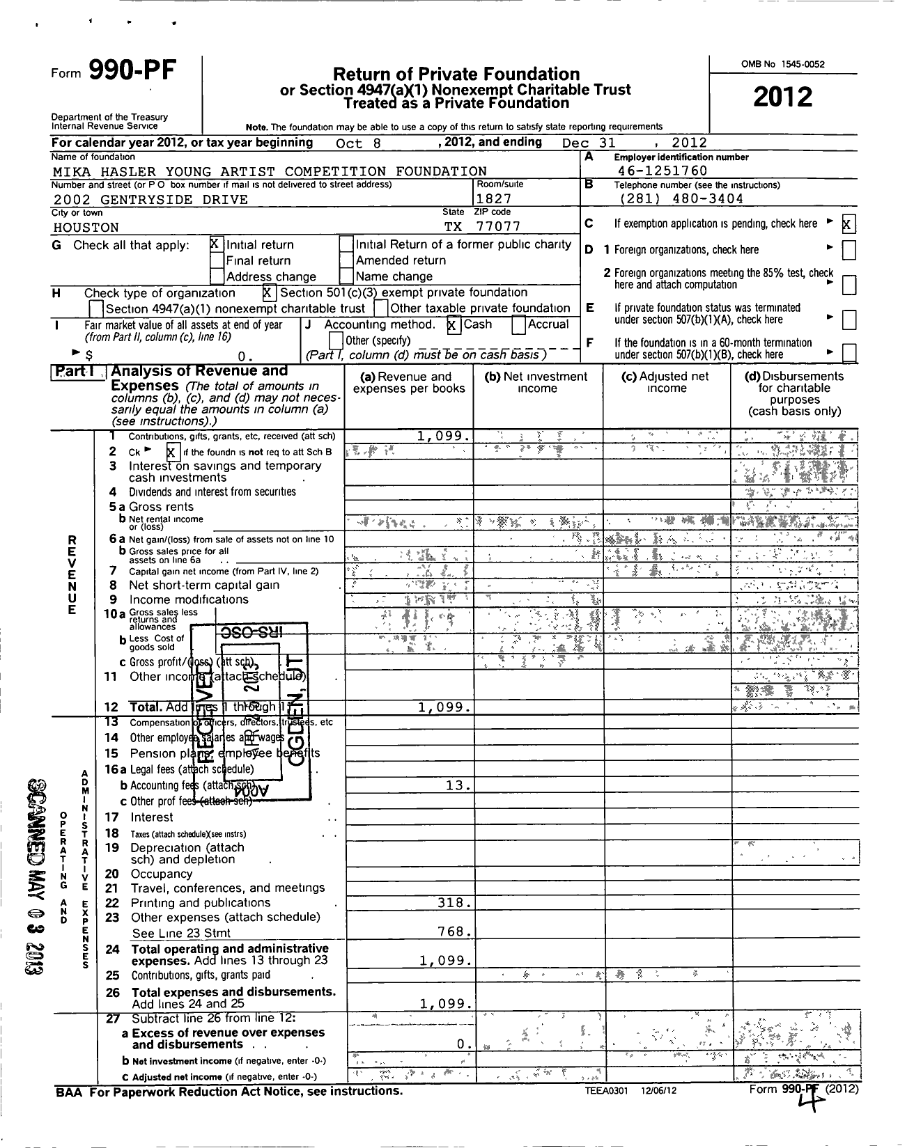 Image of first page of 2012 Form 990PF for Mika Hasler Young Artist Competition