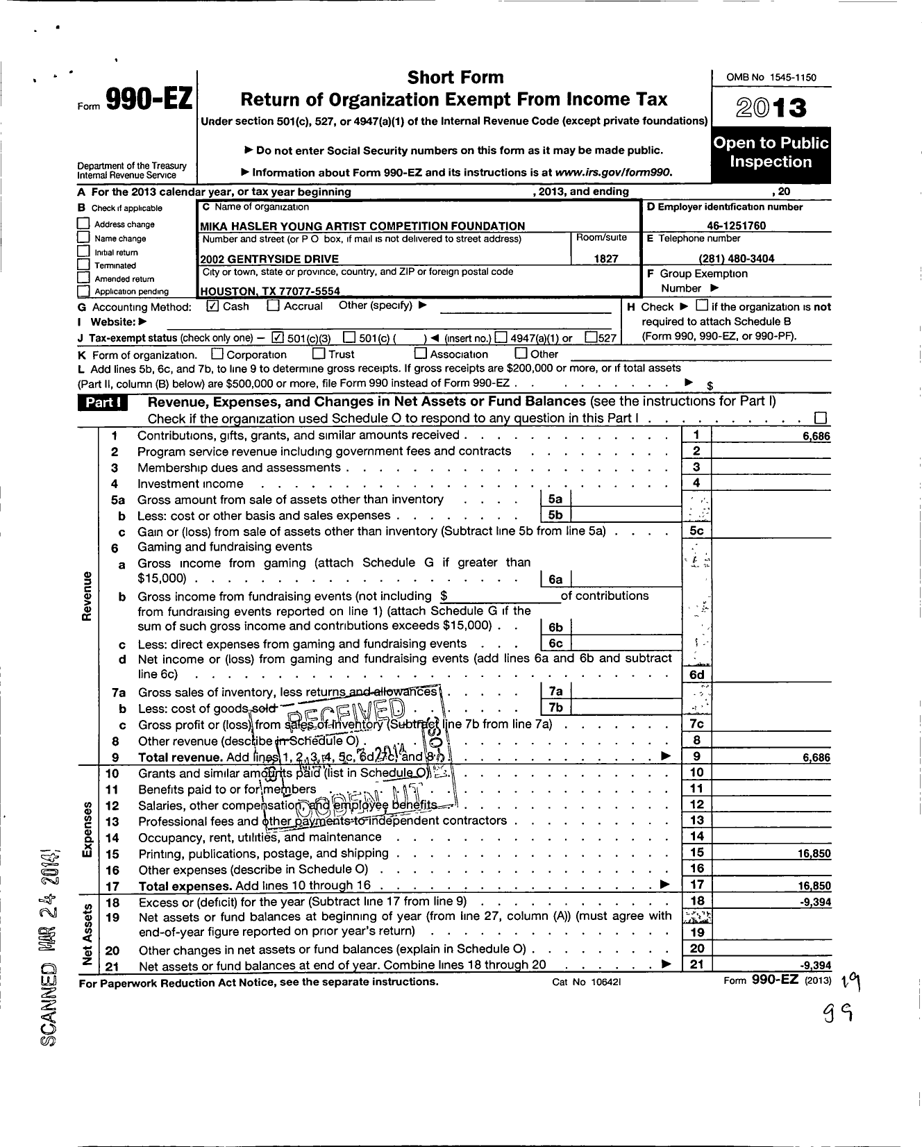 Image of first page of 2013 Form 990EZ for Mika Hasler Young Artist Competition