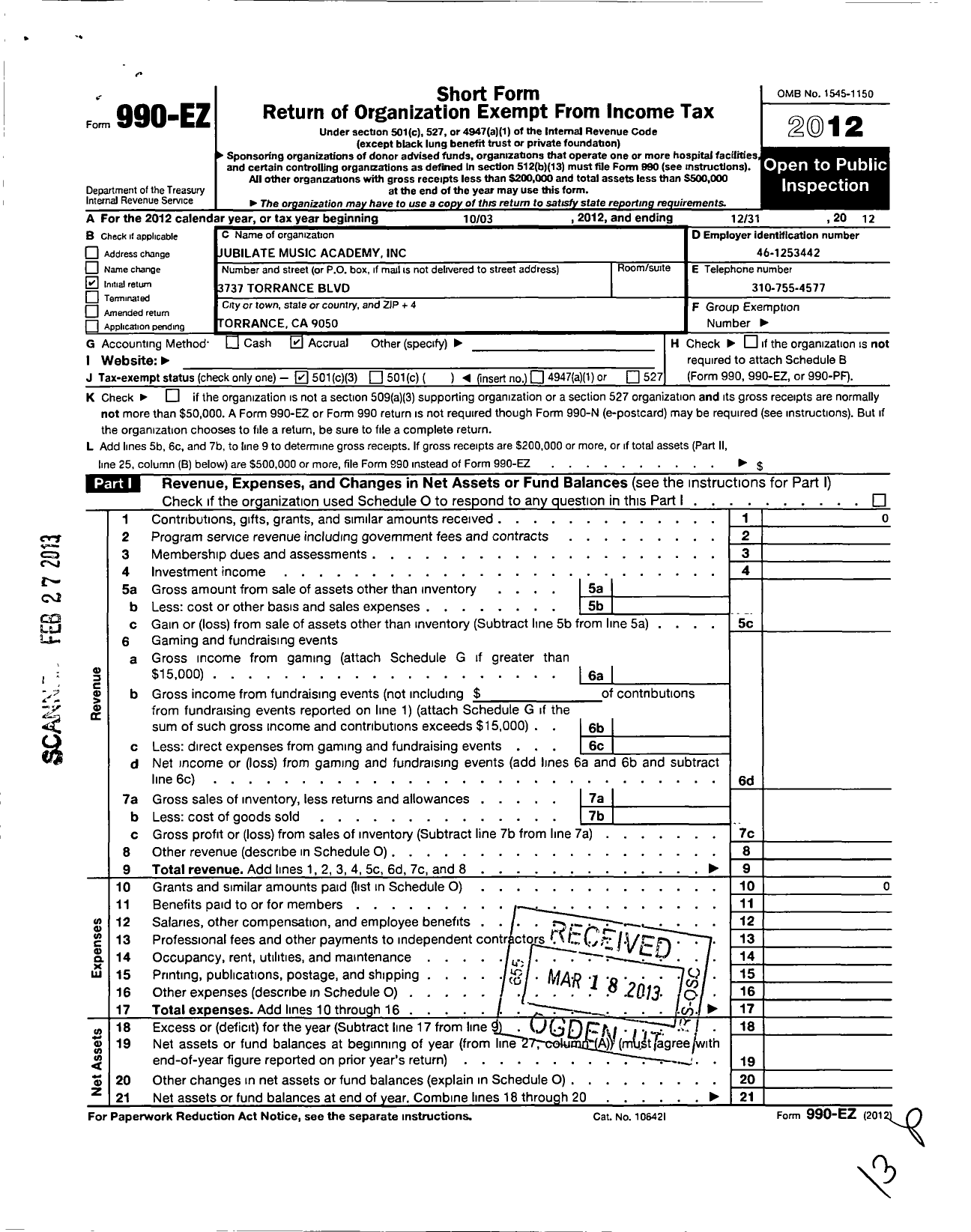 Image of first page of 2012 Form 990EZ for Jubilate Music Academy