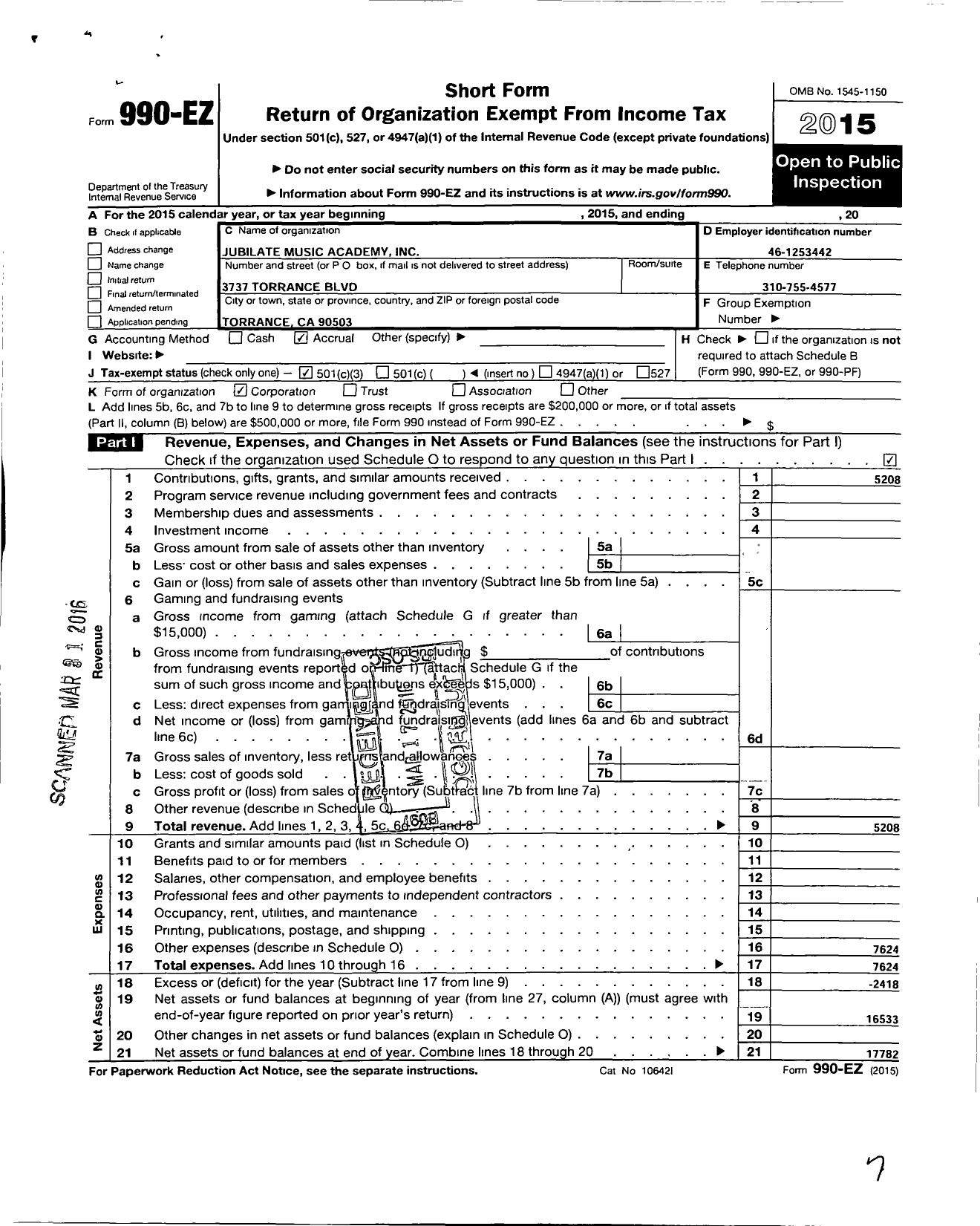 Image of first page of 2015 Form 990EZ for Jubilate Music Academy