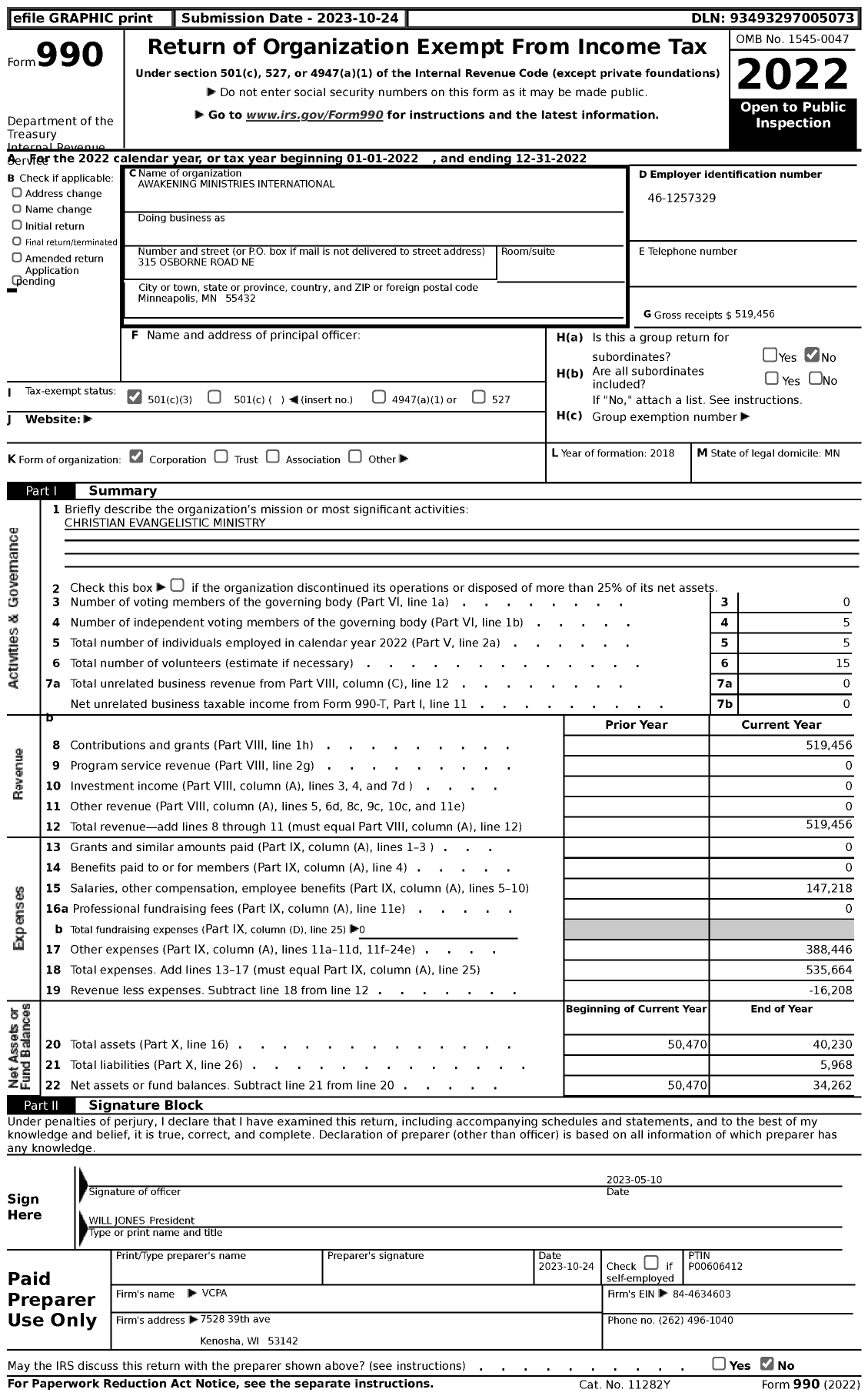 Image of first page of 2022 Form 990 for Awakening Ministries International (AMI)