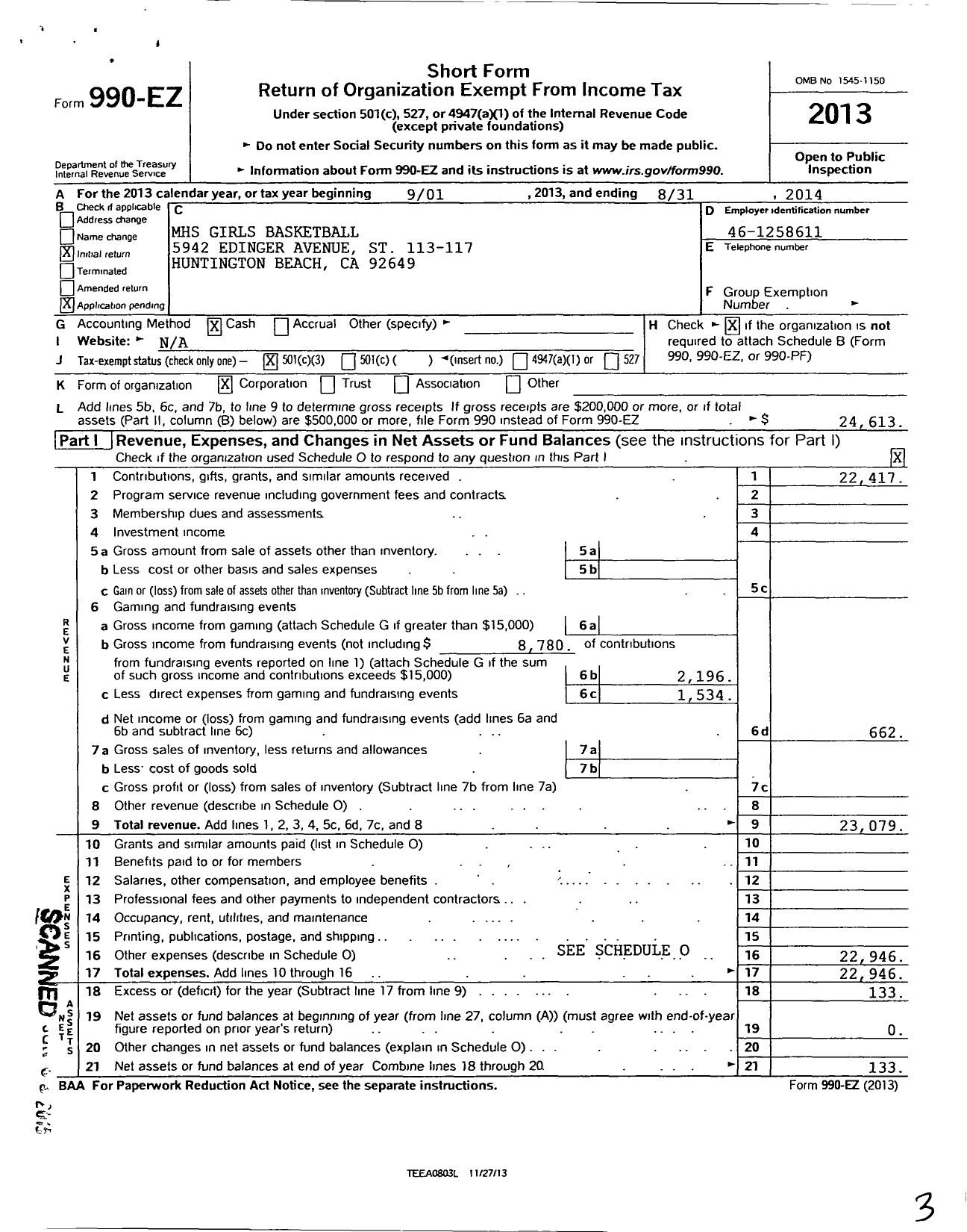 Image of first page of 2013 Form 990EZ for MHS Girls Basketball