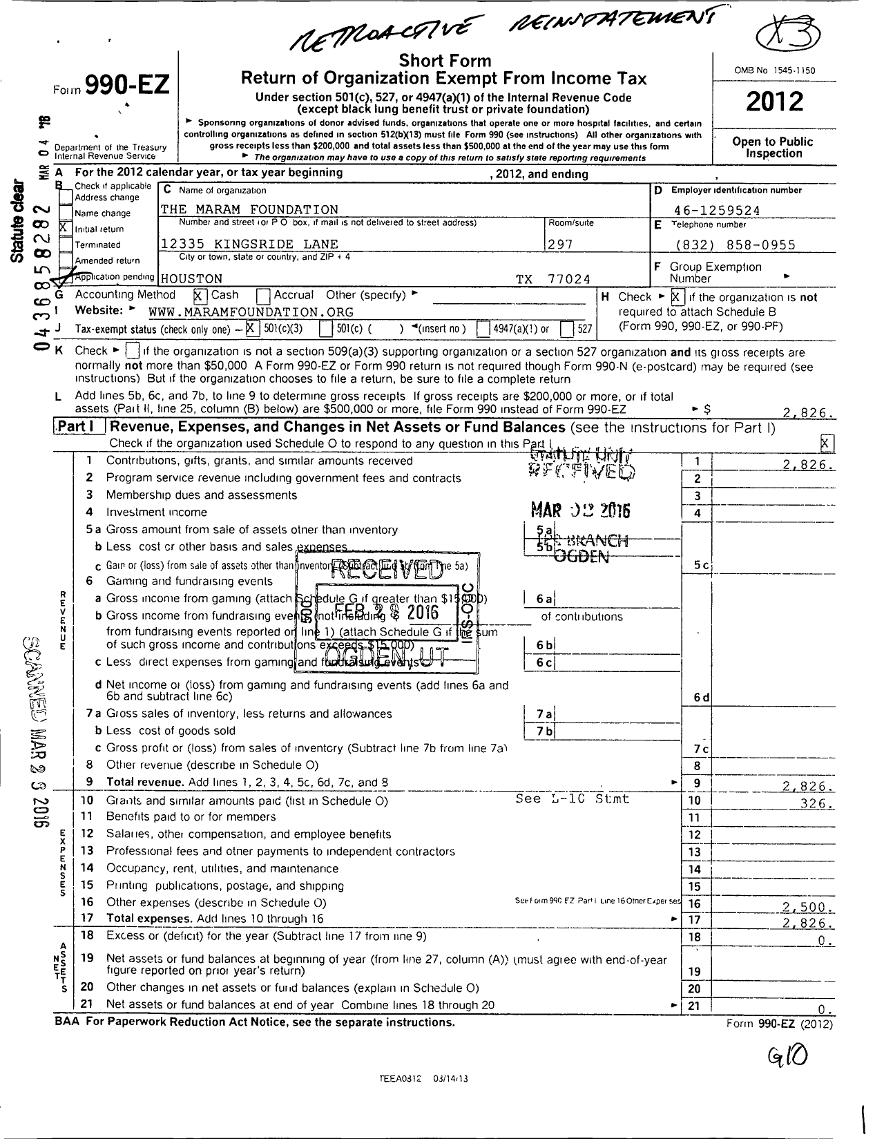 Image of first page of 2012 Form 990EZ for The Maram Foundation