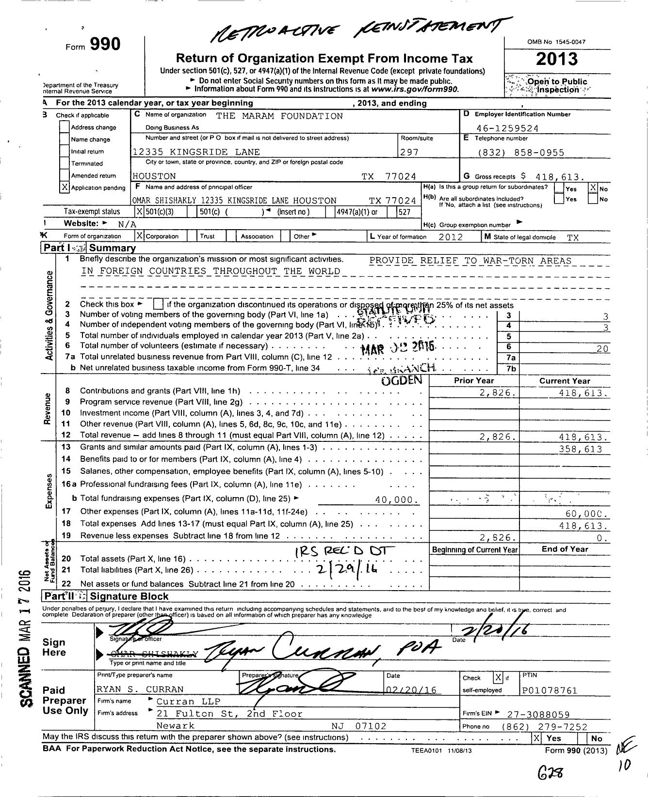 Image of first page of 2013 Form 990 for The Maram Foundation