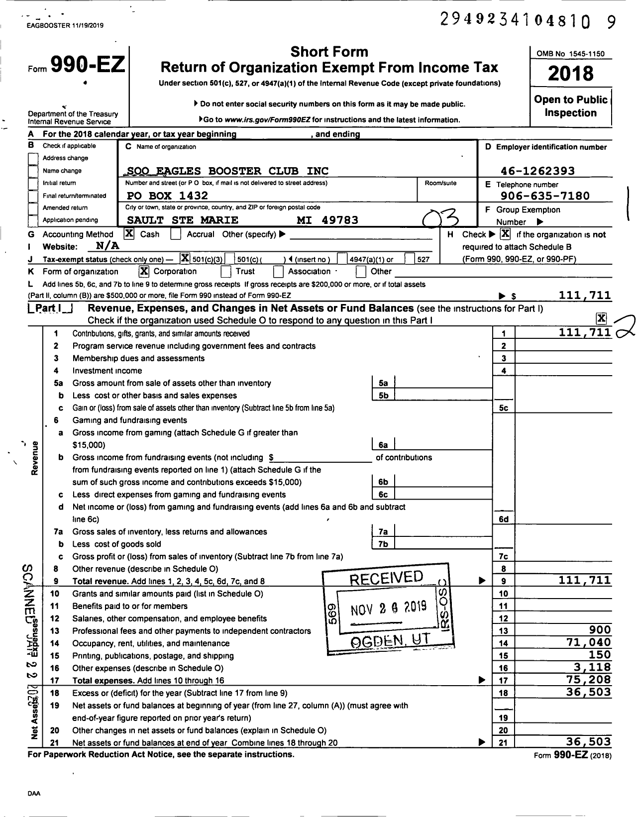 Image of first page of 2018 Form 990EZ for Soo Eagles Booster Club