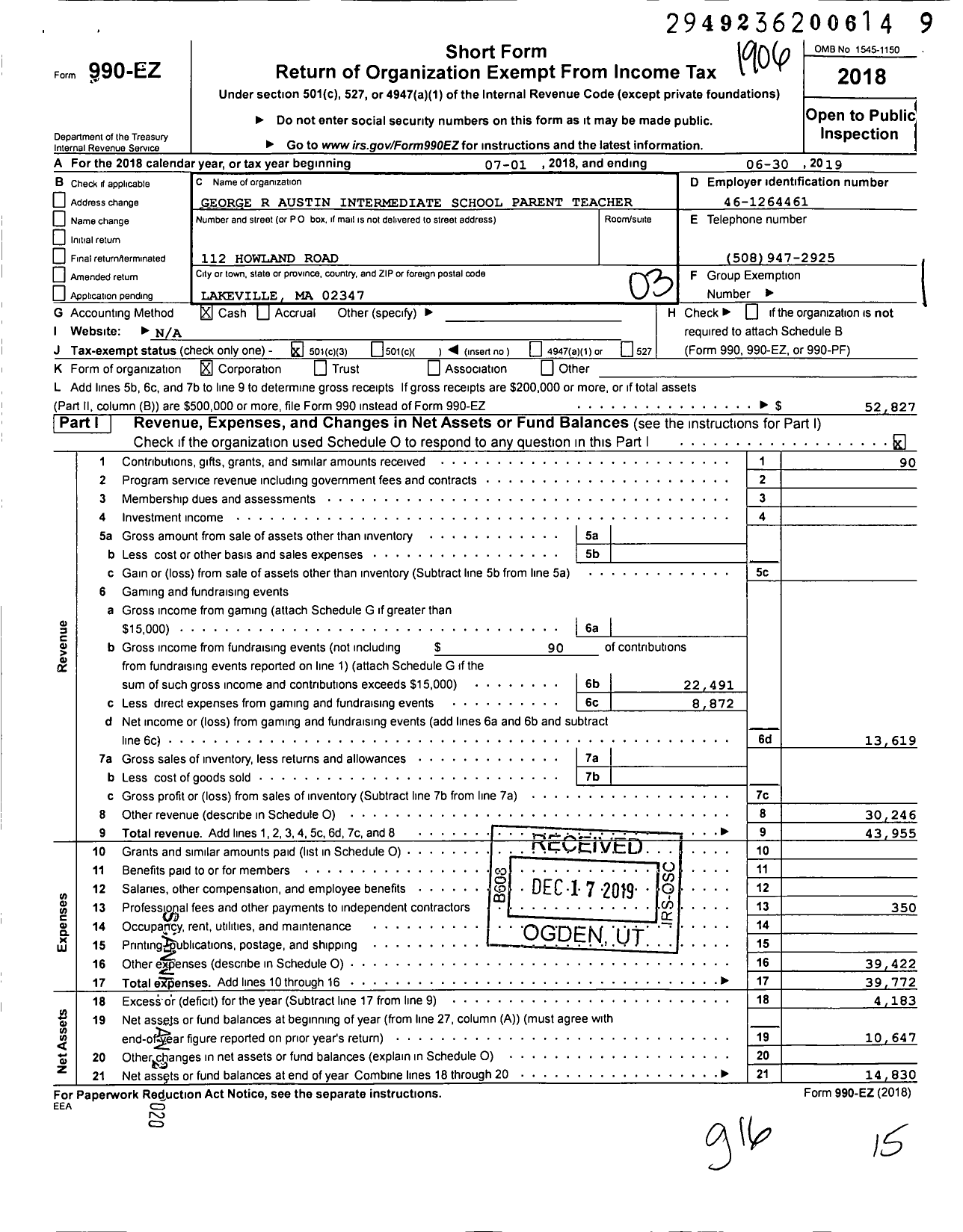 Image of first page of 2018 Form 990EZ for George R Austin Intermediate School Parent Teacher