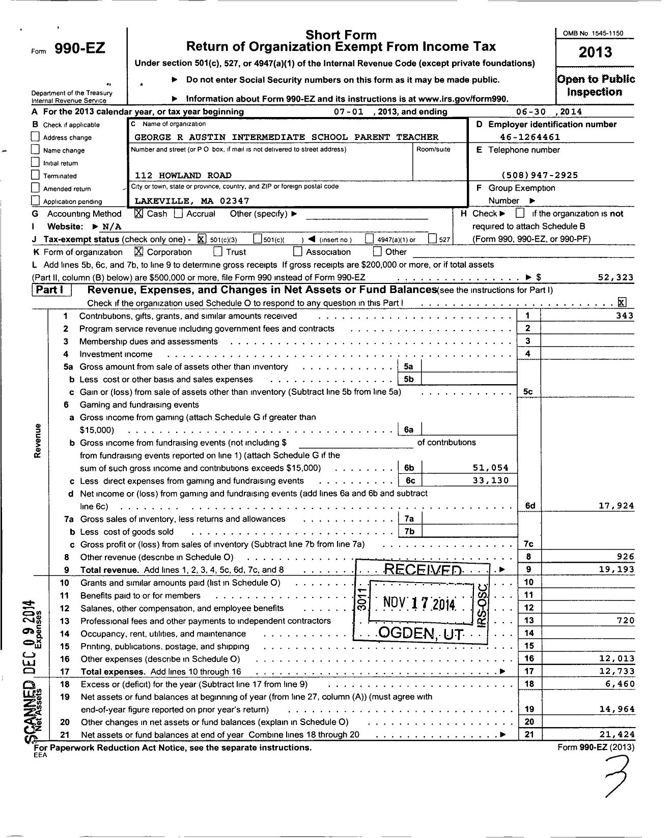 Image of first page of 2013 Form 990EZ for George R Austin Intermediate School Parent Teacher