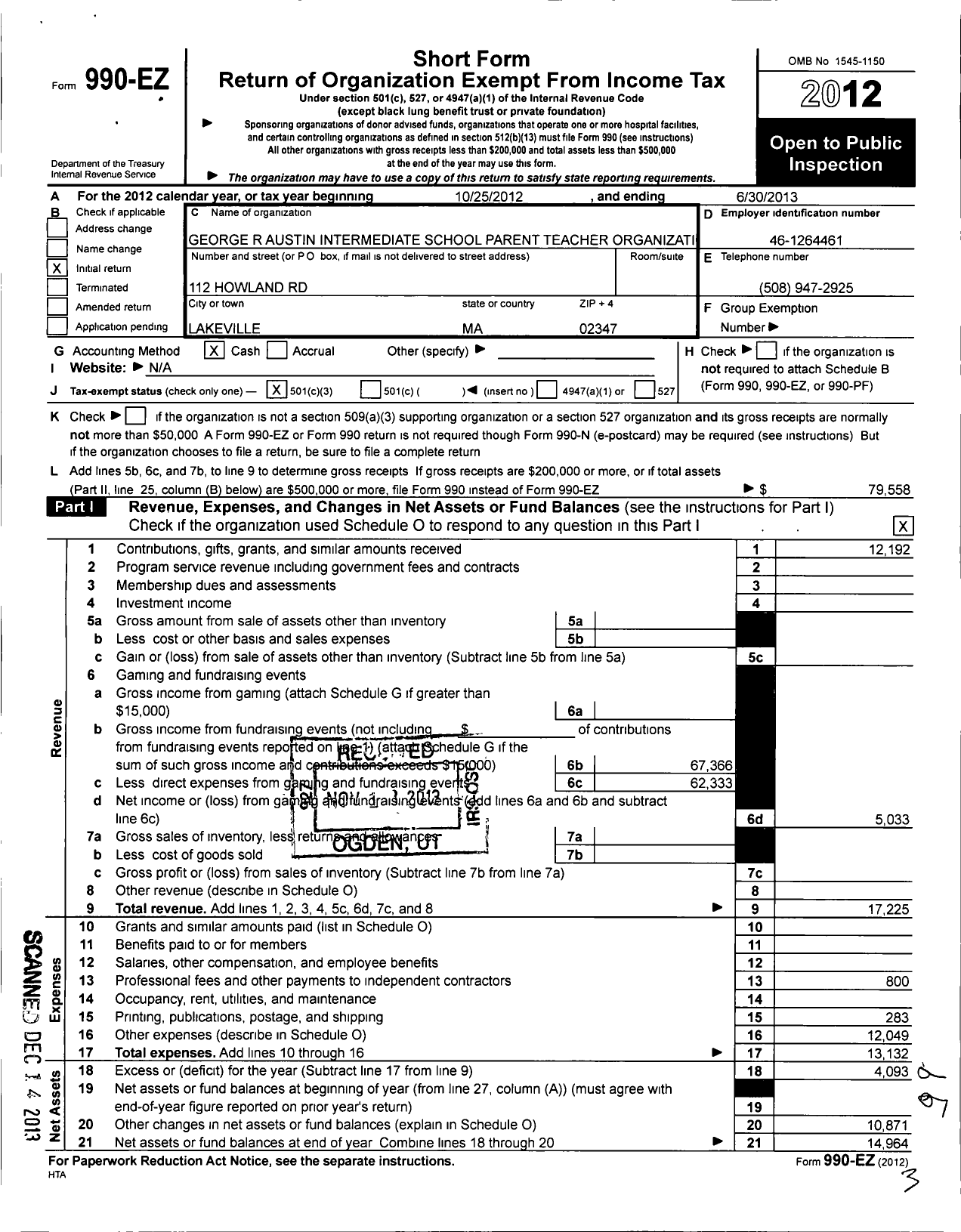 Image of first page of 2012 Form 990EZ for George R Austin Intermediate School Parent Teacher