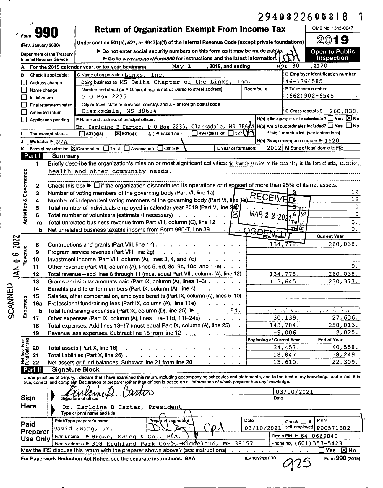 Image of first page of 2019 Form 990O for LINKS / Mississippi Delta Chapter