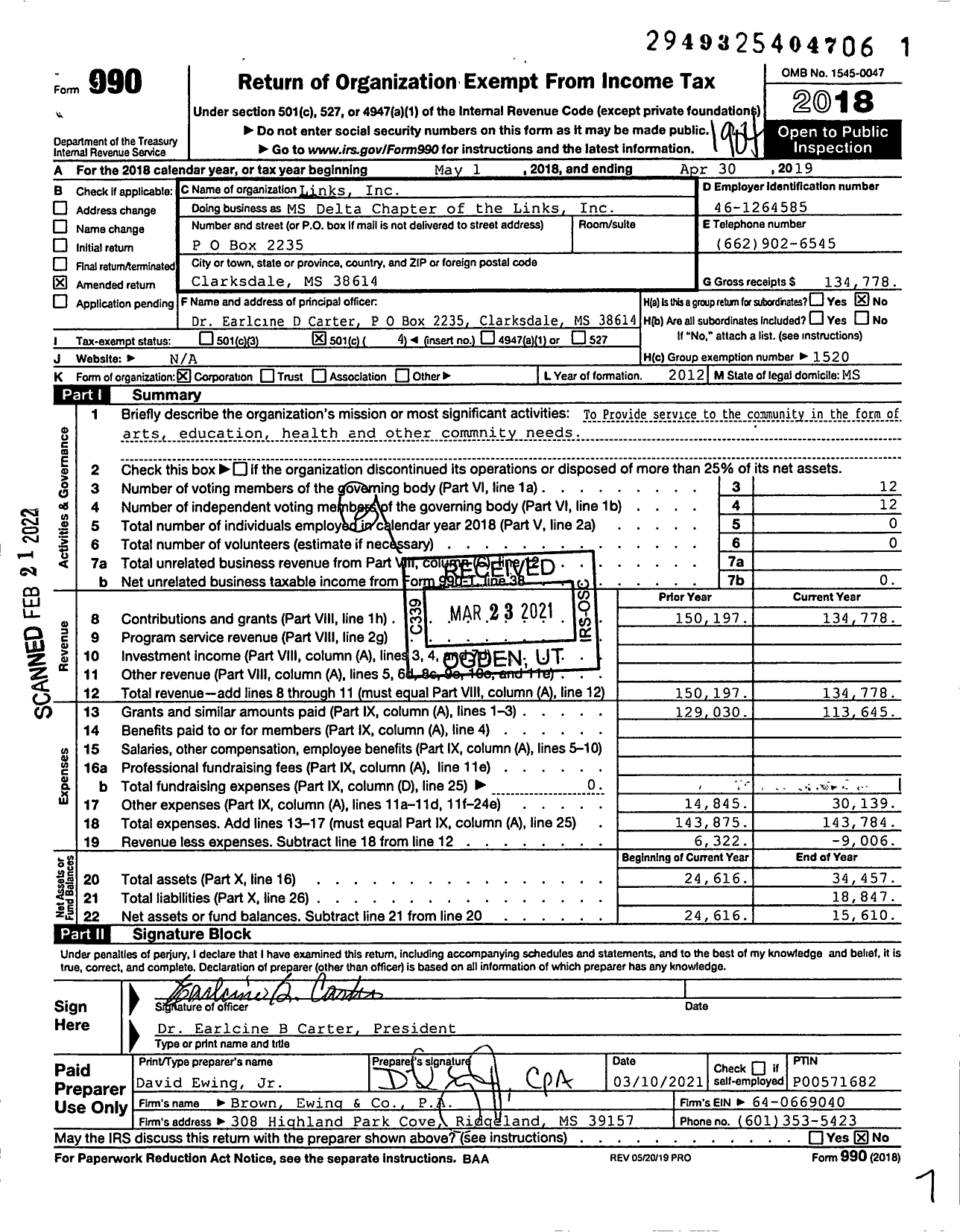 Image of first page of 2018 Form 990O for LINKS / Mississippi Delta Chapter