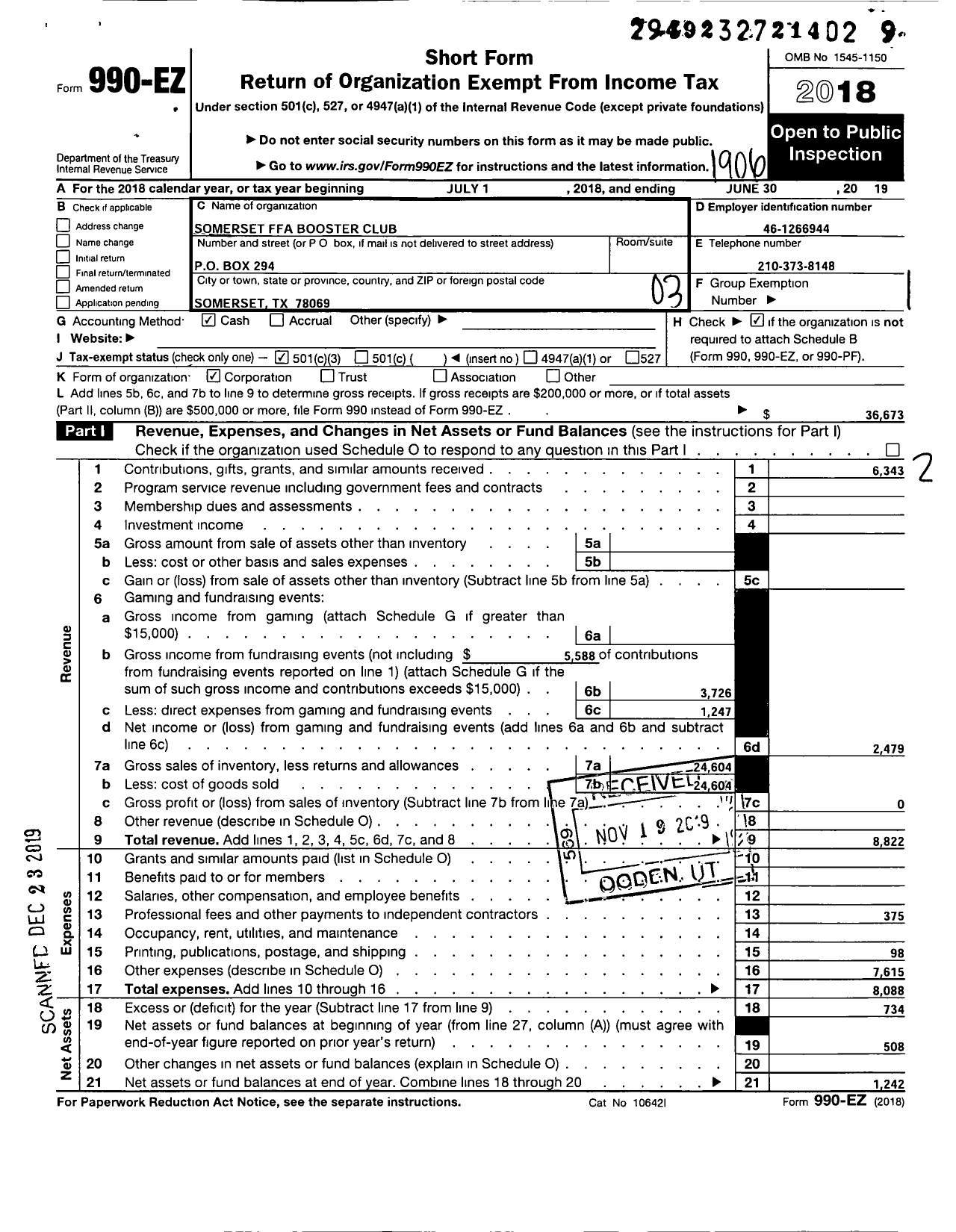 Image of first page of 2018 Form 990EZ for Somerset Ffa Booster Club