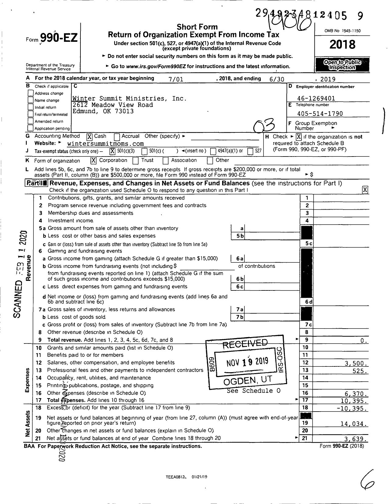 Image of first page of 2018 Form 990EZ for Winter Summit Ministries