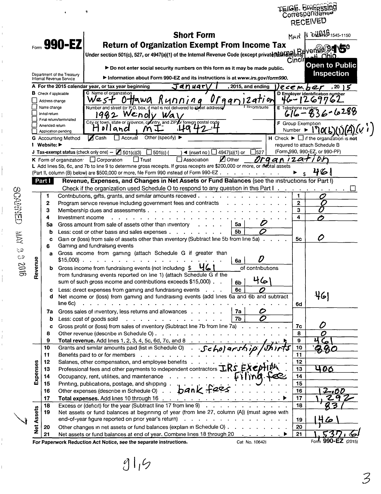 Image of first page of 2015 Form 990EZ for West Ottawa Running Organization