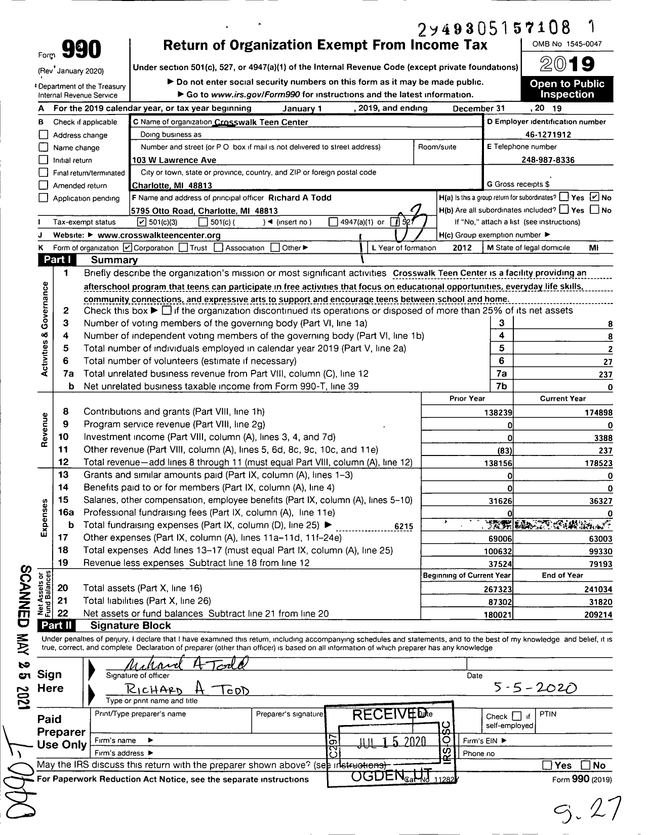 Image of first page of 2019 Form 990 for Crosswalk Teen Center