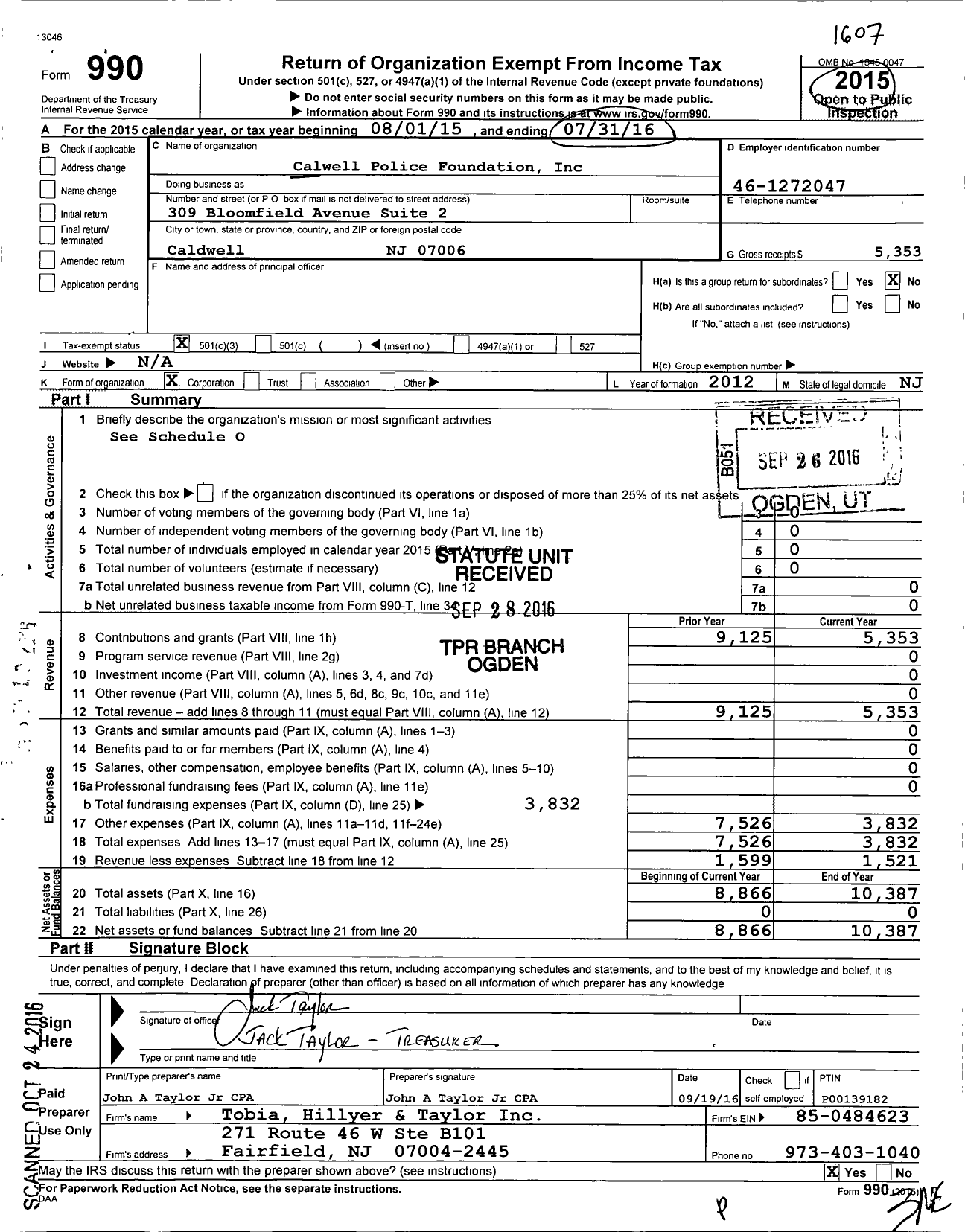 Image of first page of 2015 Form 990 for Caldwell Police Foundation