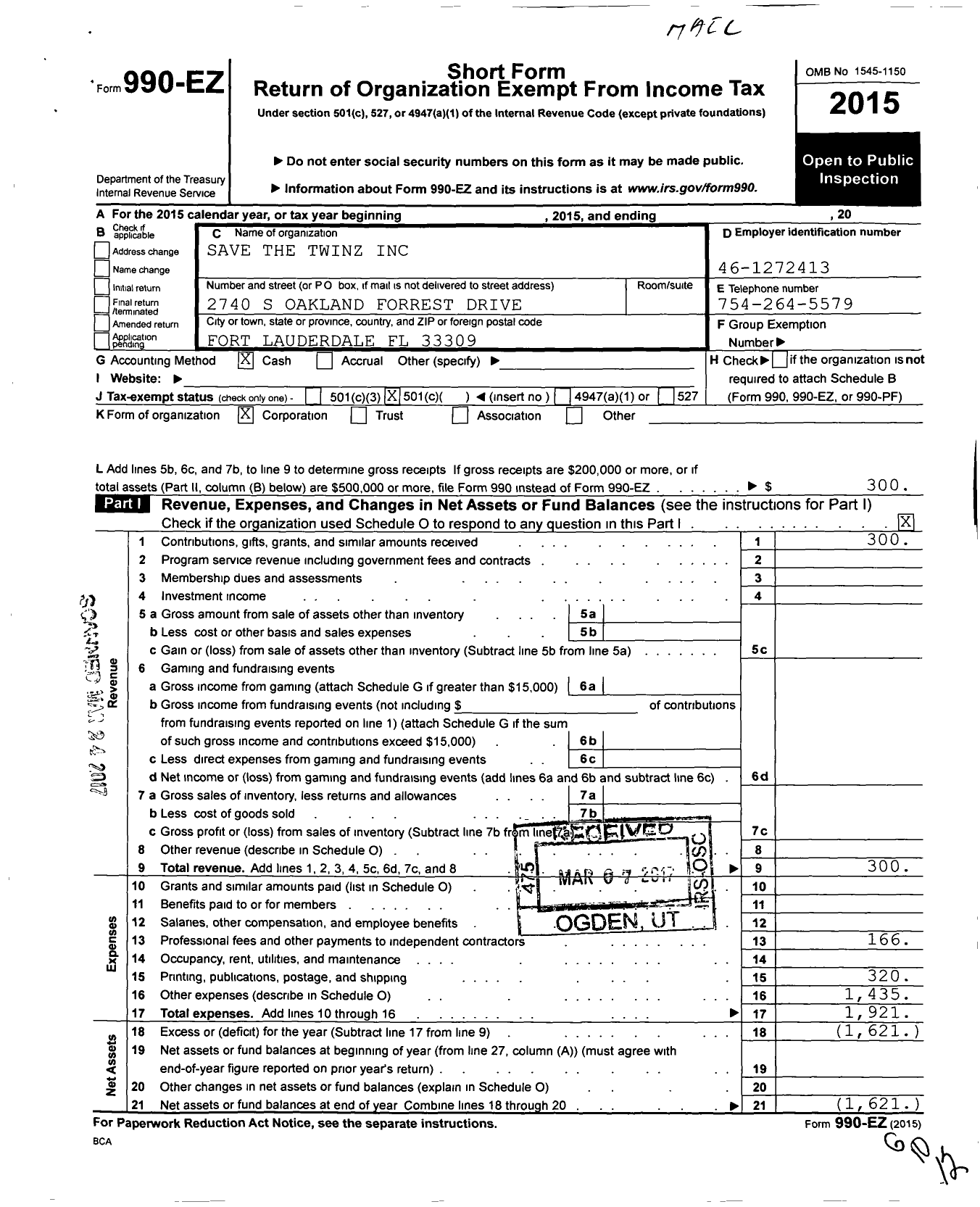 Image of first page of 2015 Form 990EO for Save the Twinz