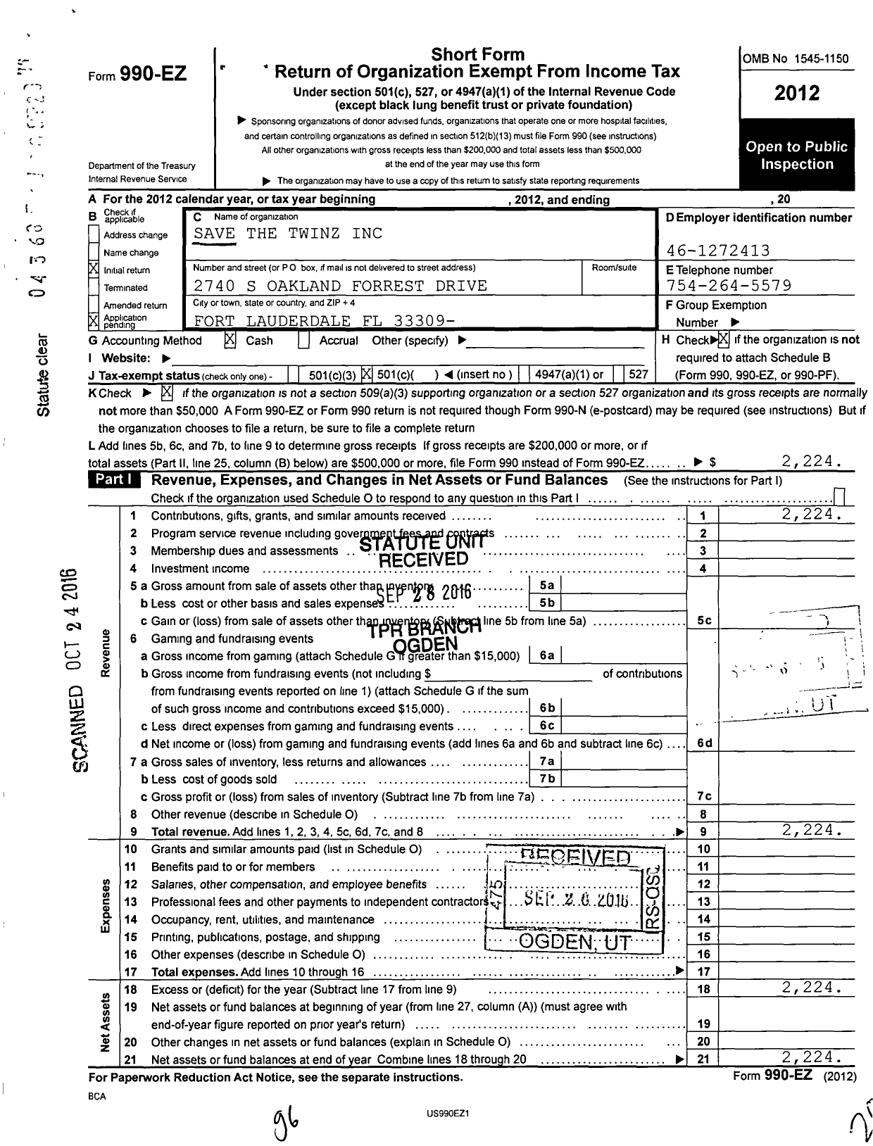 Image of first page of 2012 Form 990EO for Save the Twinz