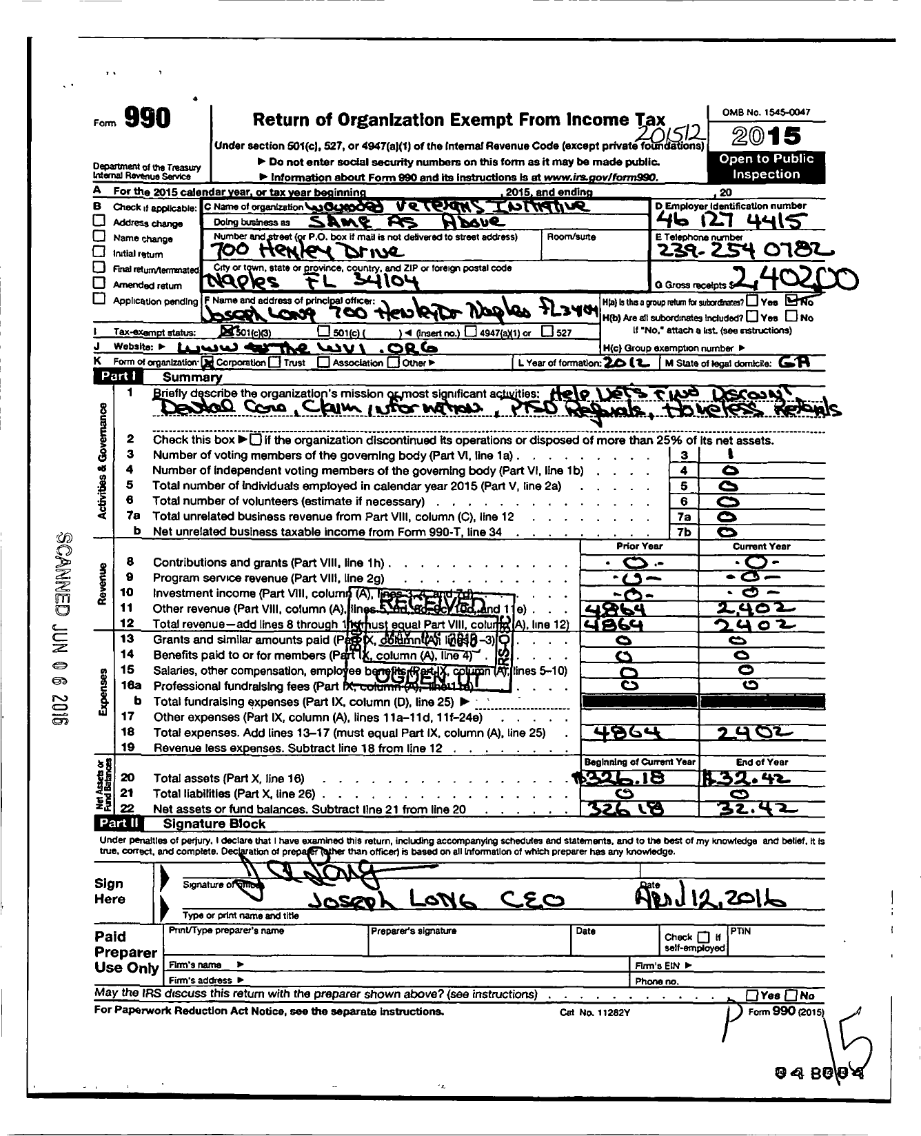 Image of first page of 2015 Form 990 for Wounded Veterans Initiative