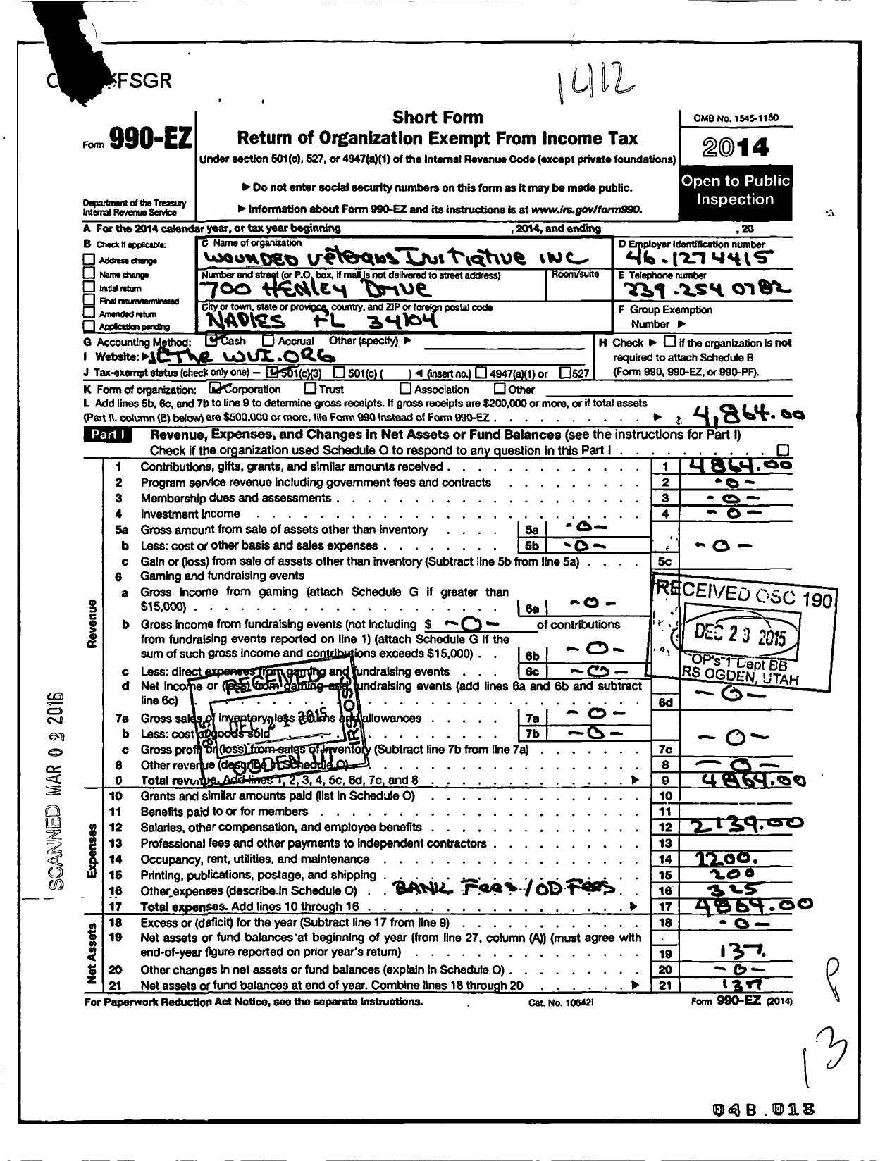 Image of first page of 2014 Form 990EZ for Wounded Veterans Initiative