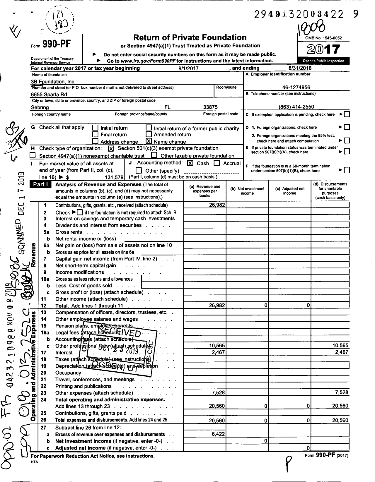 Image of first page of 2017 Form 990PF for 3B Foundation