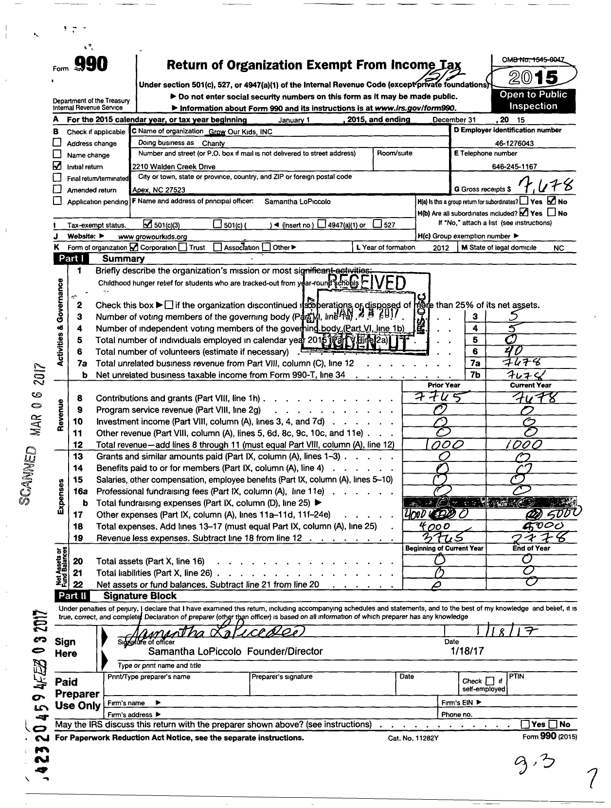 Image of first page of 2015 Form 990 for Grow Our Kids