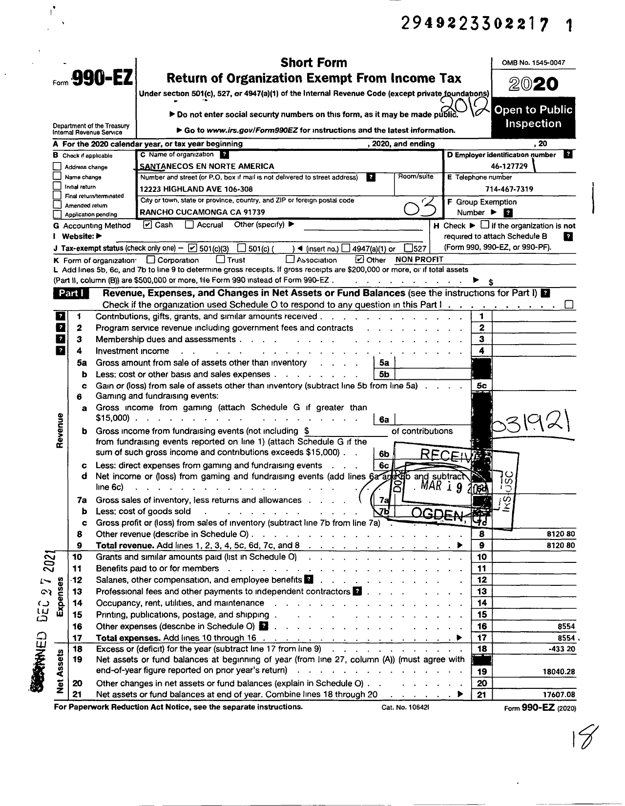 Image of first page of 2020 Form 990EZ for Santanecos En Norte America (SENA)