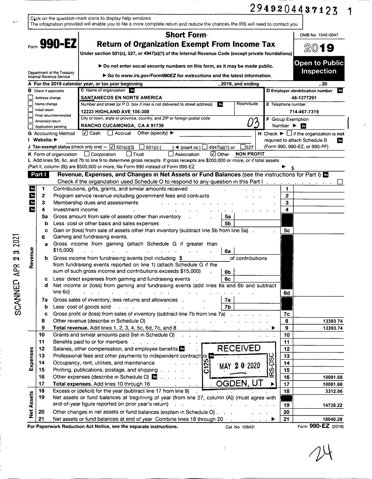 Image of first page of 2019 Form 990EZ for Santanecos En Norte America (SENA)