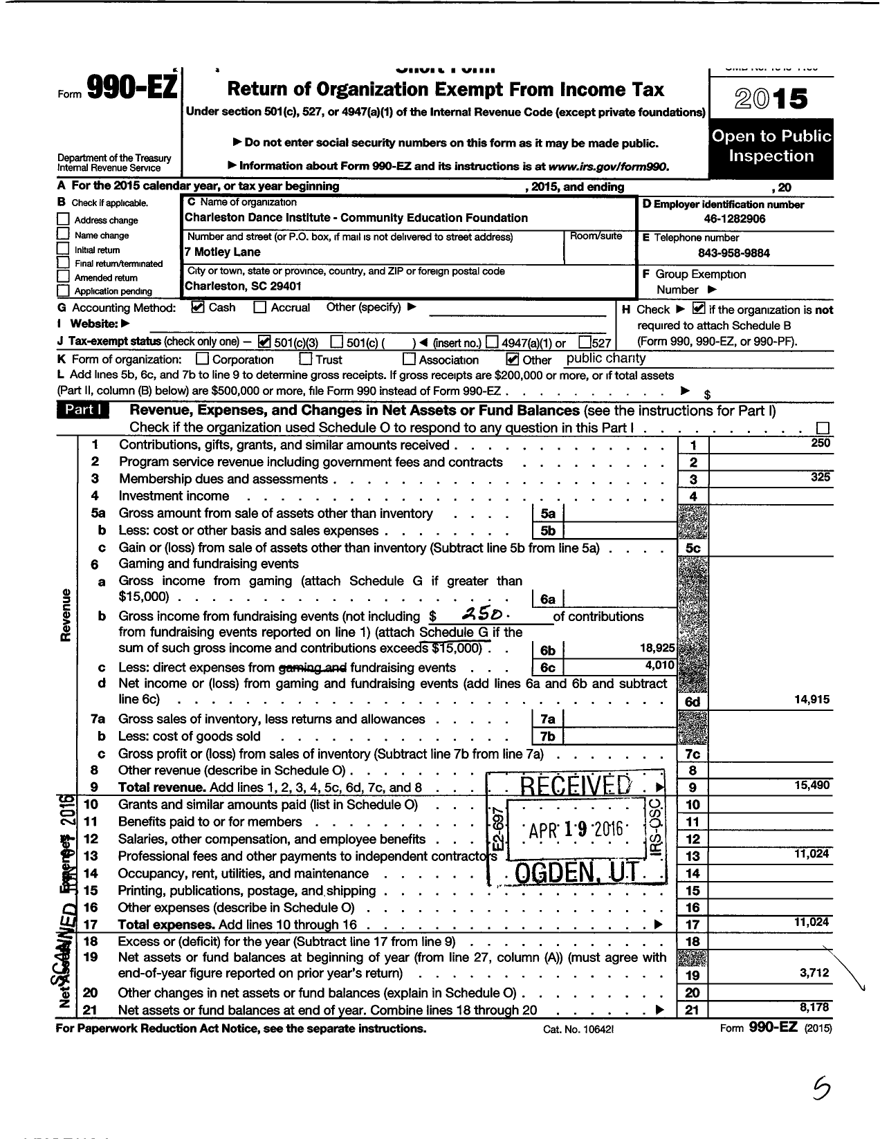 Image of first page of 2015 Form 990EZ for Charleston Dance Institute - Community Education Foundation (CDI-CEF)